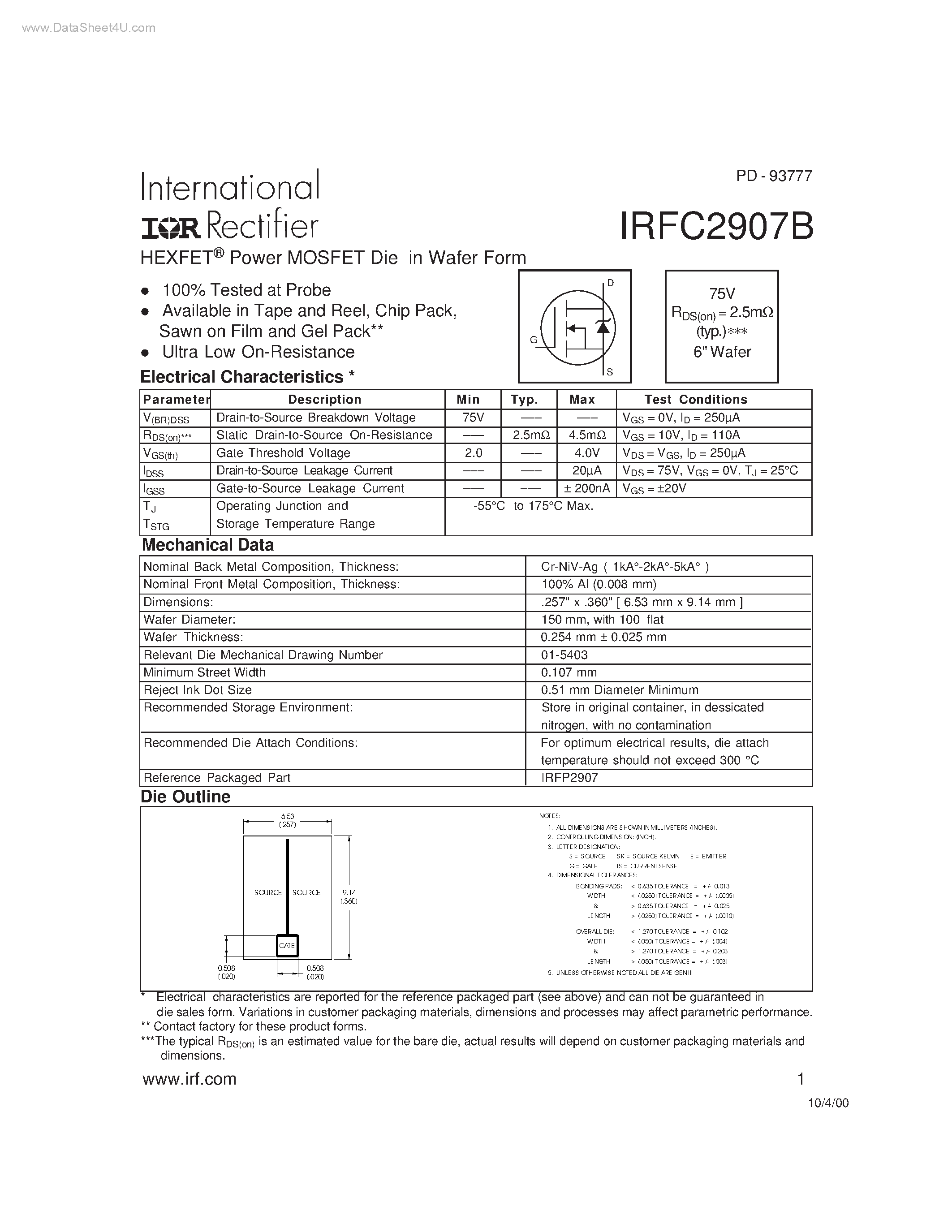 Datasheet IRFC2907B - HEXFET Power MOSFET Die page 1