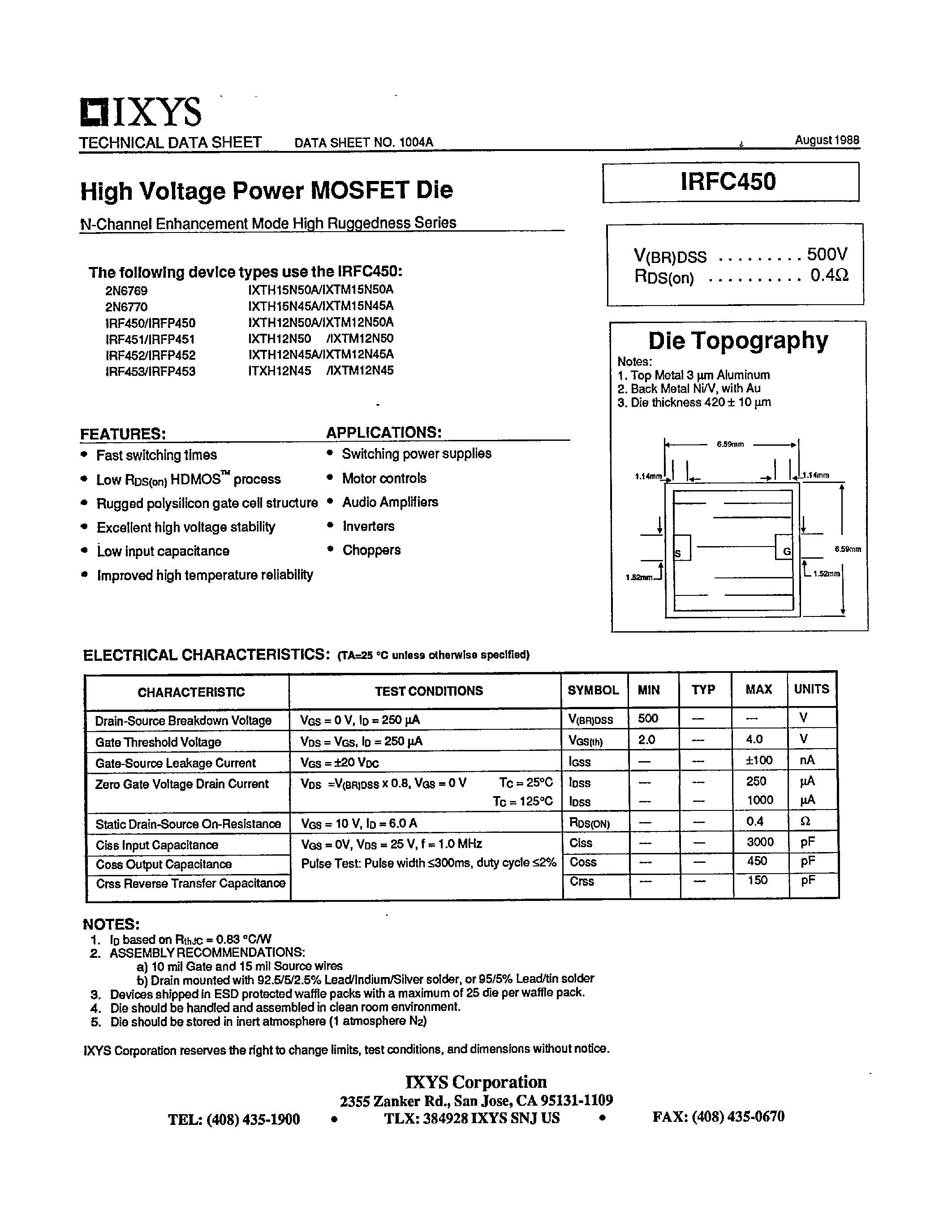 Datasheet IRFC450 - HIGH VOLTAGE POWER MOSFET DIE page 1