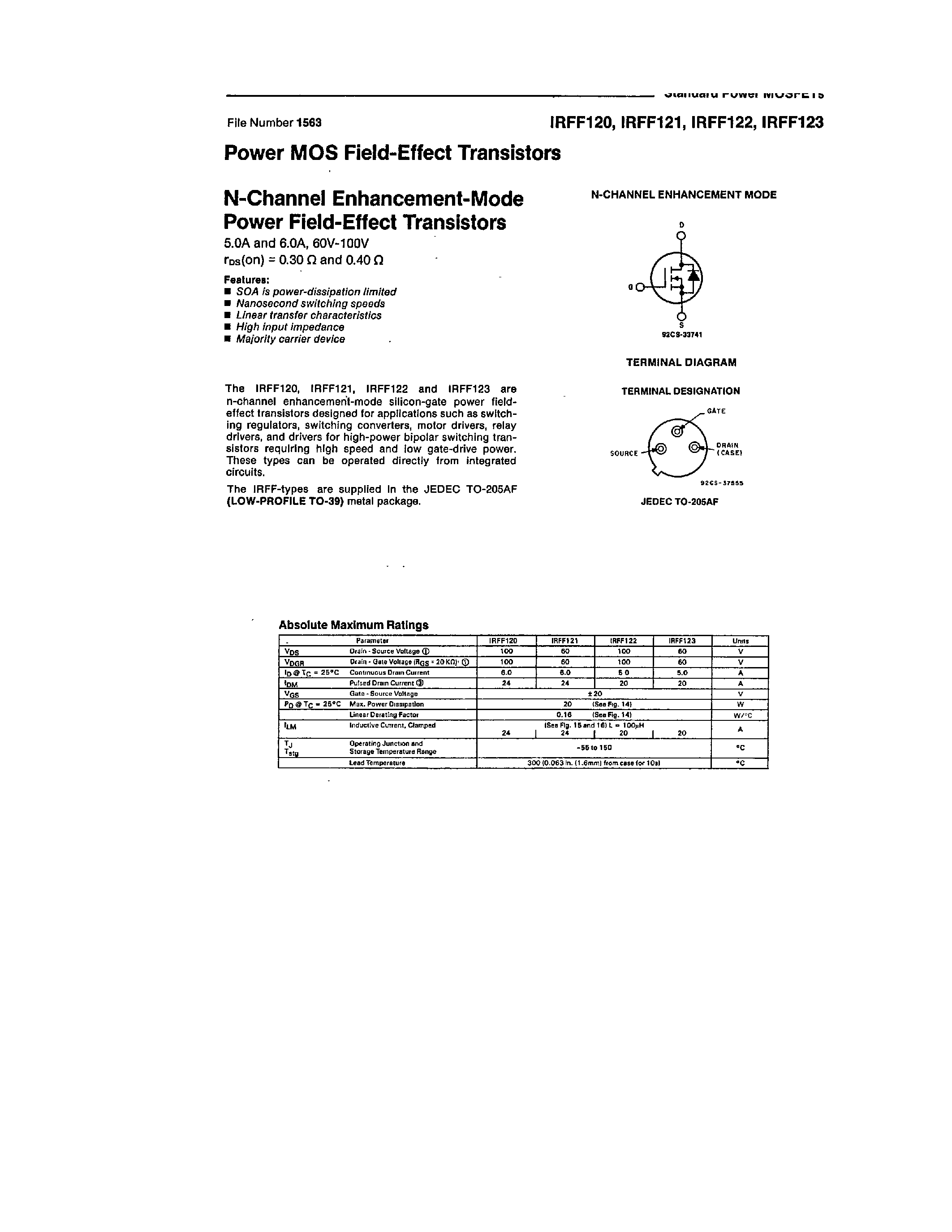 Datasheet IRFF120 page 1 Datasheet IRFF120 - (IRFF120 - IRFF123) N-Channel Enhancement-Mode Power MOS Field-Effect Transistors page 1