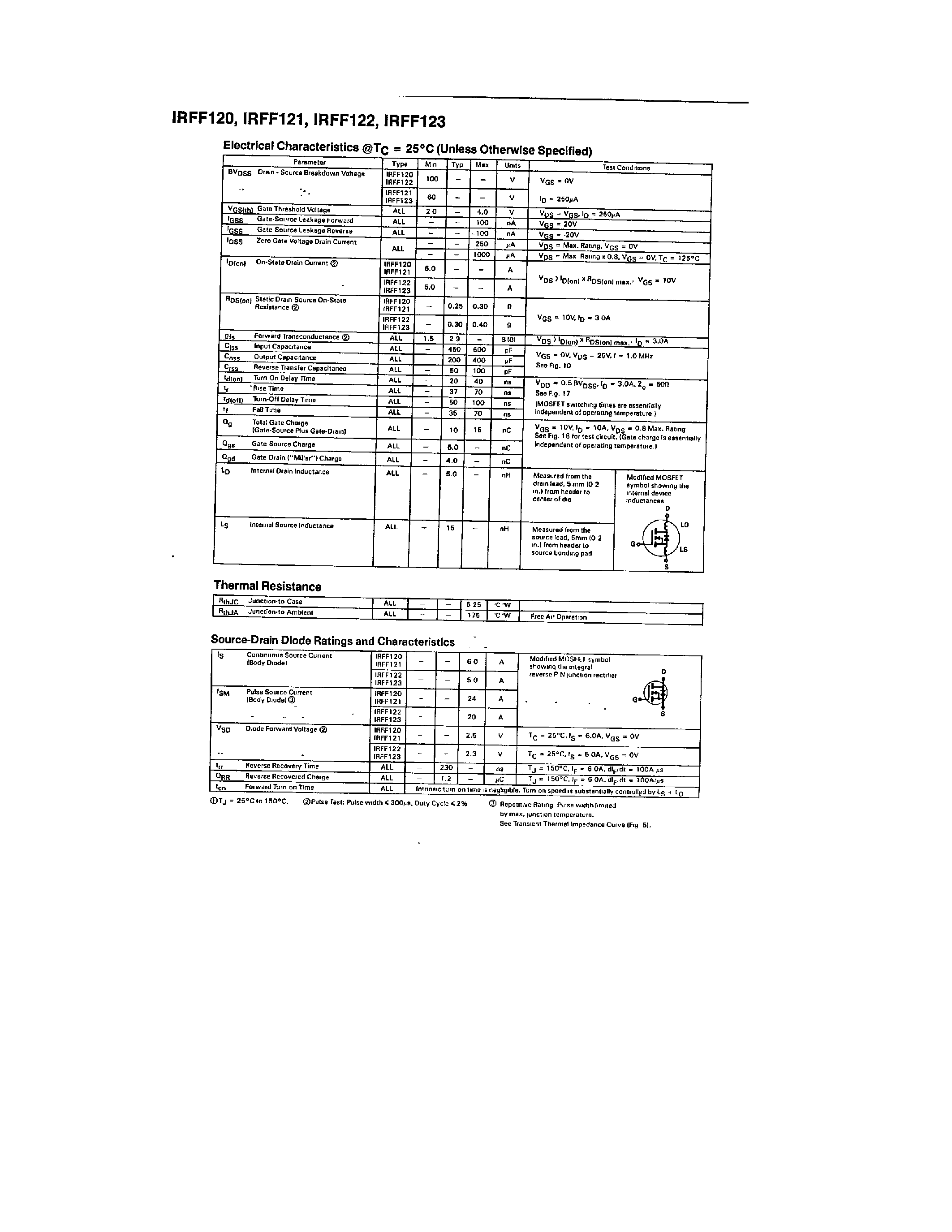 Datasheet IRFF120 page 2 Datasheet IRFF120 - (IRFF120 - IRFF123) N-Channel Enhancement-Mode Power MOS Field-Effect Transistors page 2