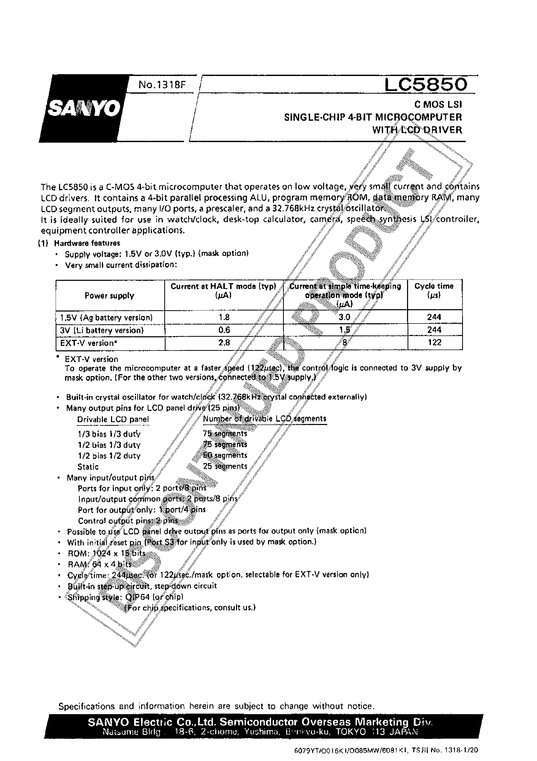 Datasheet LC5850 - CMOS LSI SINGLE-CHIP 4-BIT MICROCOMPUTER page 1