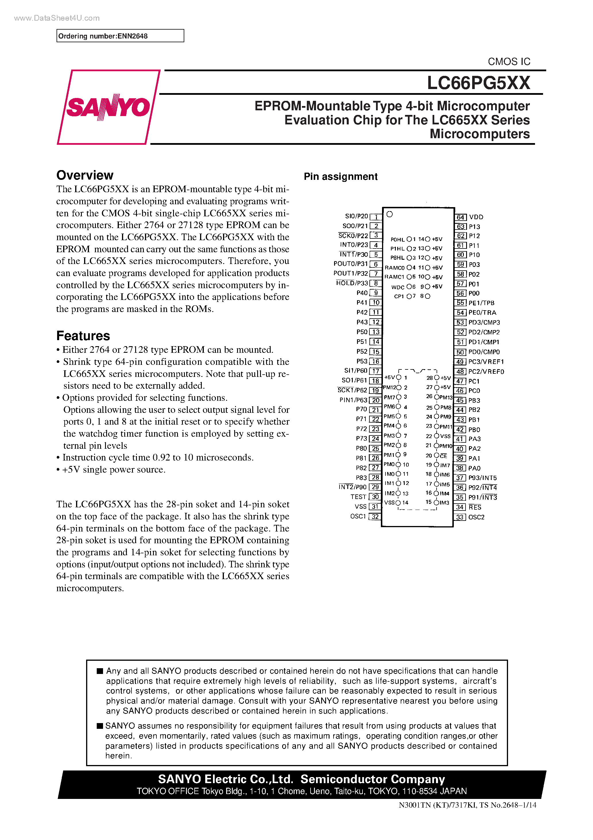 Datasheet LC66PG5XX page 1 Datasheet LC66PG5XX - EPROM-Mountable Type 4-bit Microcomputer Evaluation Chip page 1