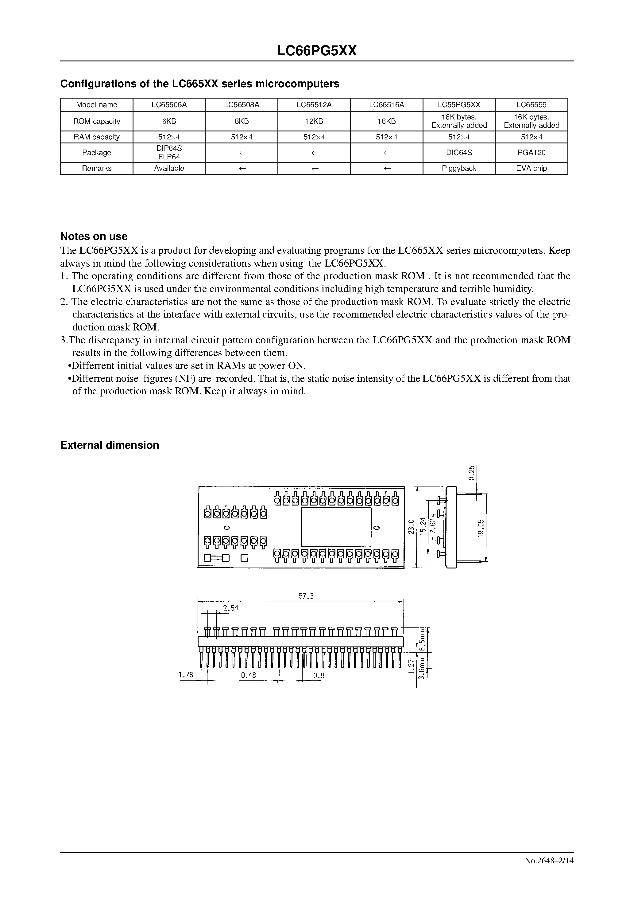 Datasheet LC66PG5XX page 2 Datasheet LC66PG5XX - EPROM-Mountable Type 4-bit Microcomputer Evaluation Chip page 2