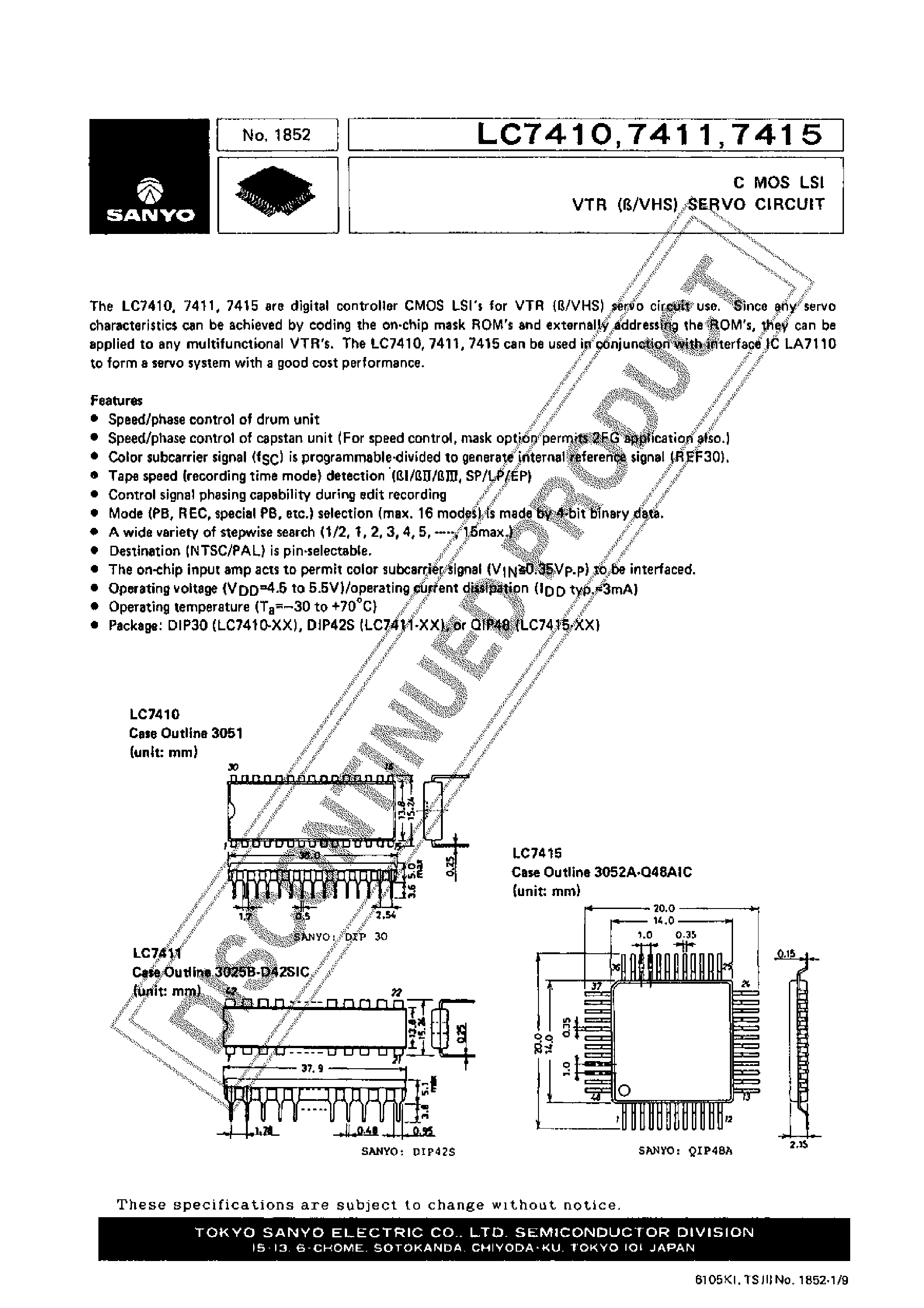 Даташит LC7410 - (LC7410 - LC7415) CMOS LSI VTR(B/VHS) SERVO CIRCUIT страница 1