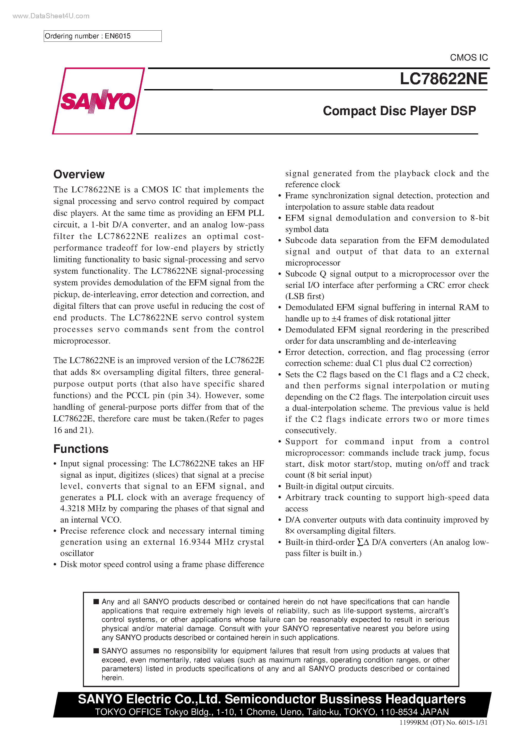 Даташит на микросхему LC78622NE страница 1 Даташит LC78622NE - Compact Disc Player DSP страница 1