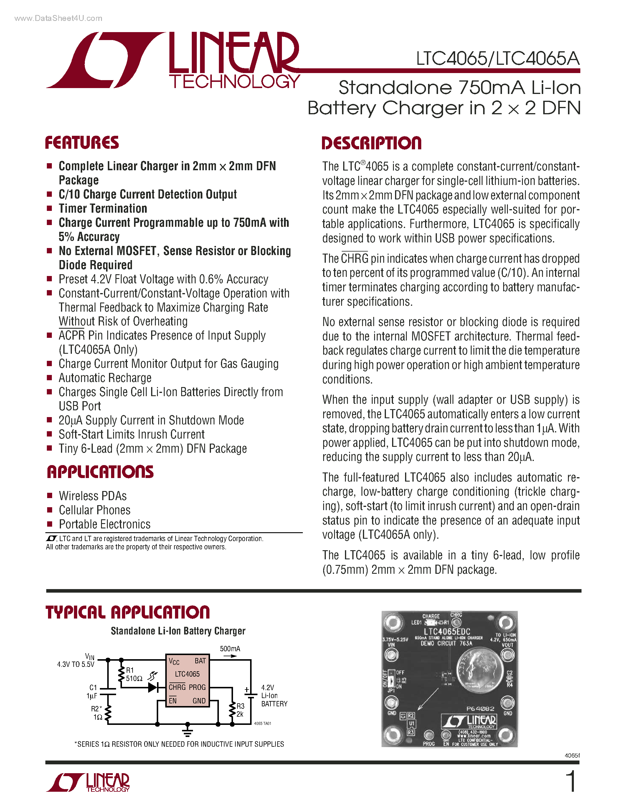 Datasheet LTC4065 - Standalone 750mA Li-Ion Battery Charger page 1