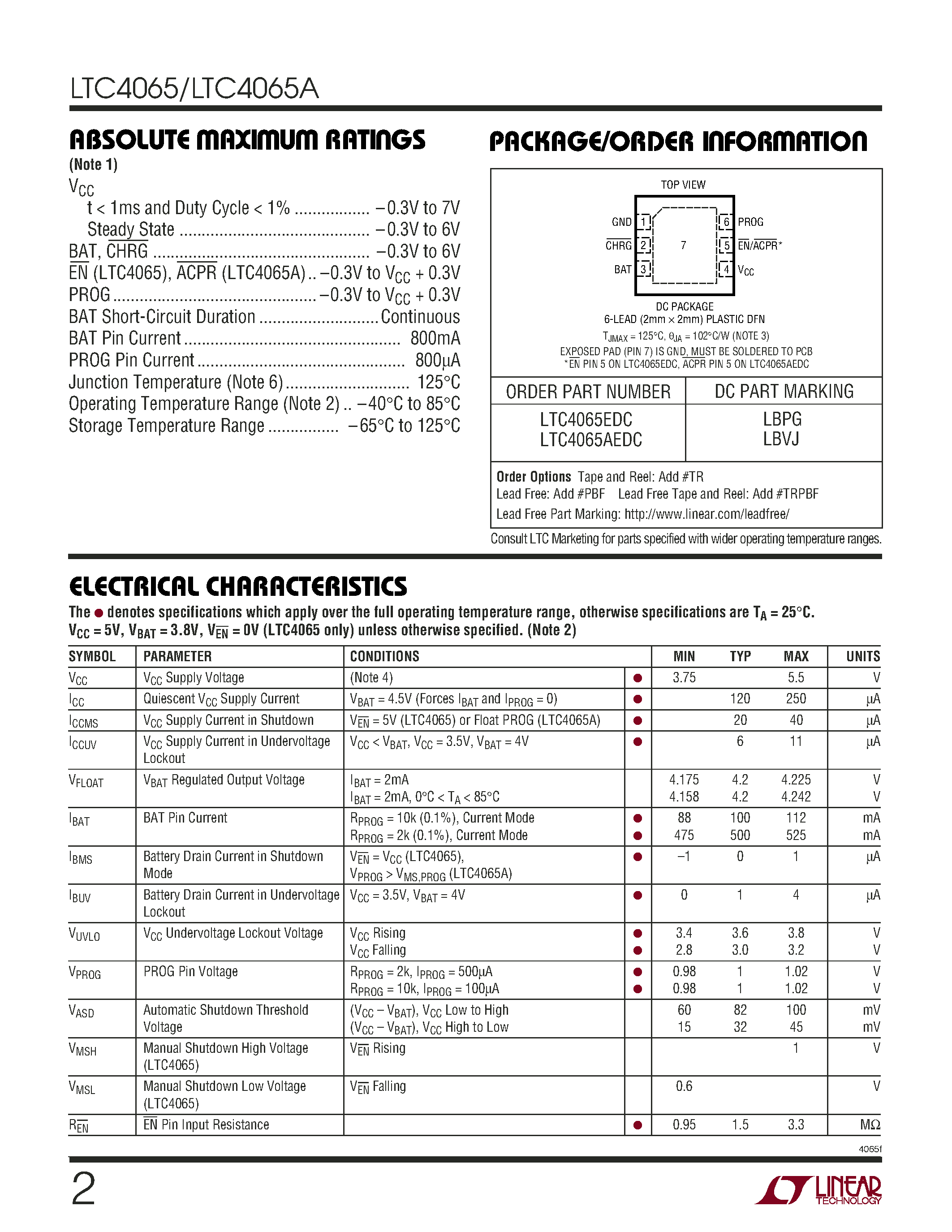 Datasheet LTC4065 - Standalone 750mA Li-Ion Battery Charger page 2
