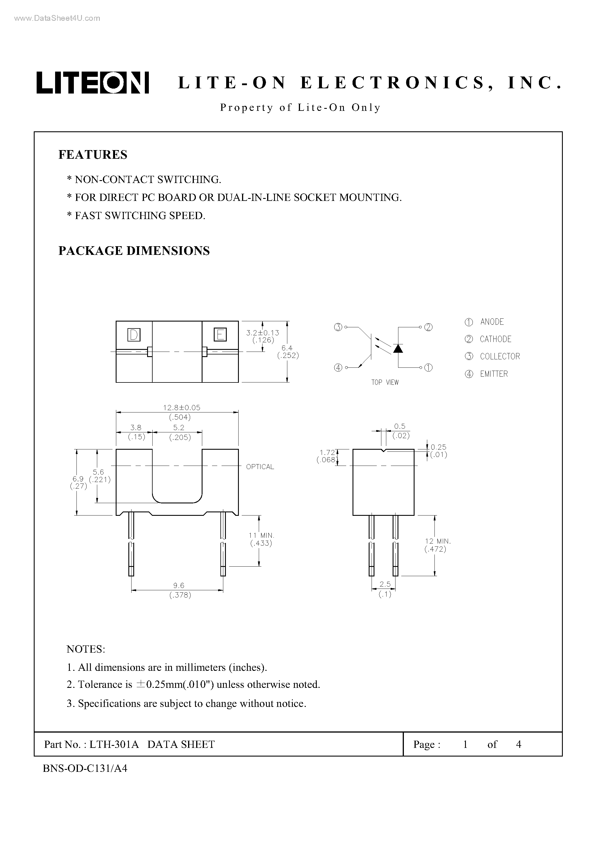 Datasheet LTH-301A page 1 Datasheet LTH-301A - NON-CONTACT SWITCHING page 1