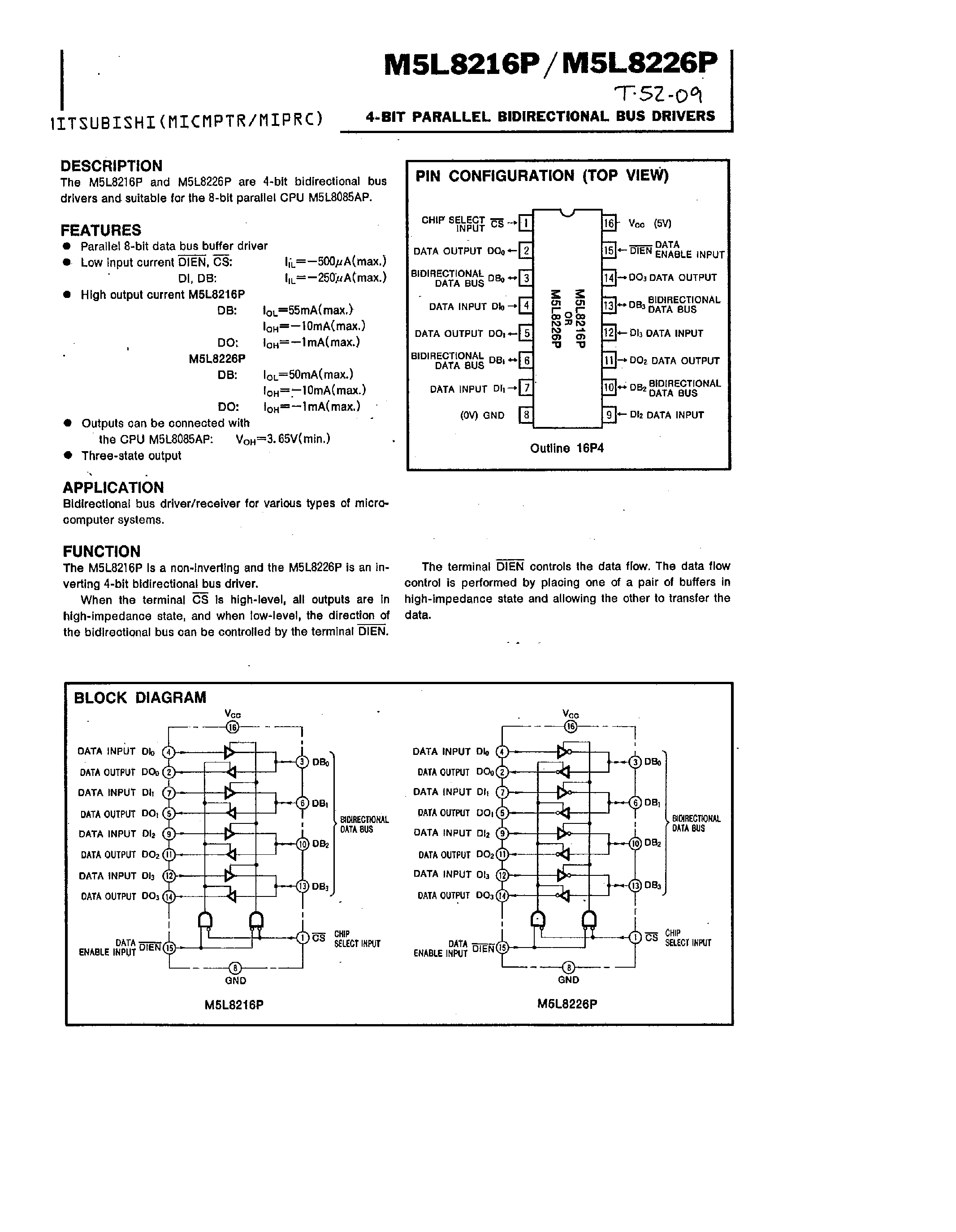 Datasheet M5L8216P - (M5L8216P / M5L8226P) 4-BIT PARALLEL BIDIRECTIONAL BUS DRIVERS page 1