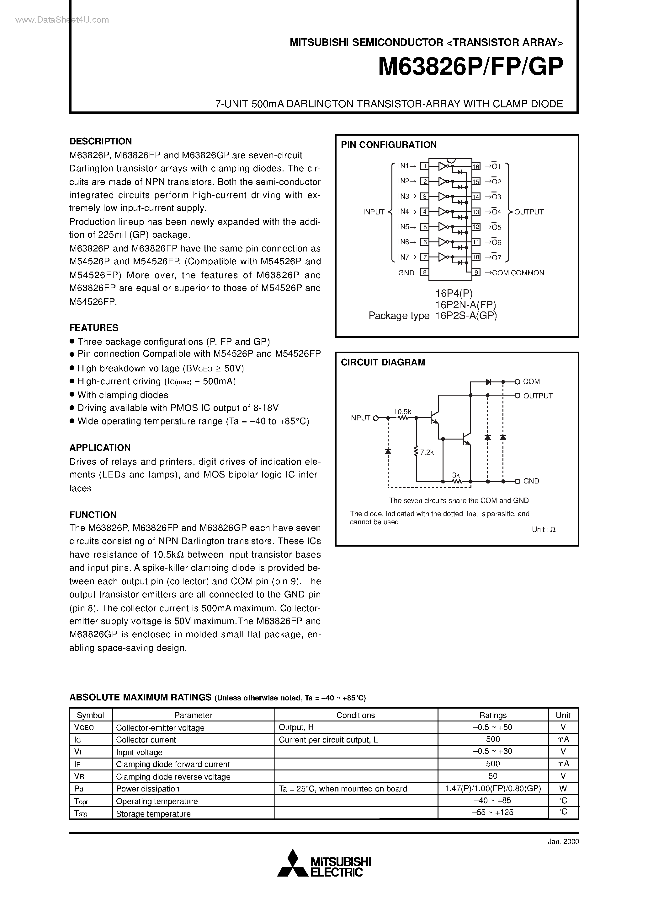 Даташит на микросхему M63826FP страница 1 Даташит M63826FP - 7-UNIT 500mA DARLINGTON TRANSISTOR-ARRAY страница 1