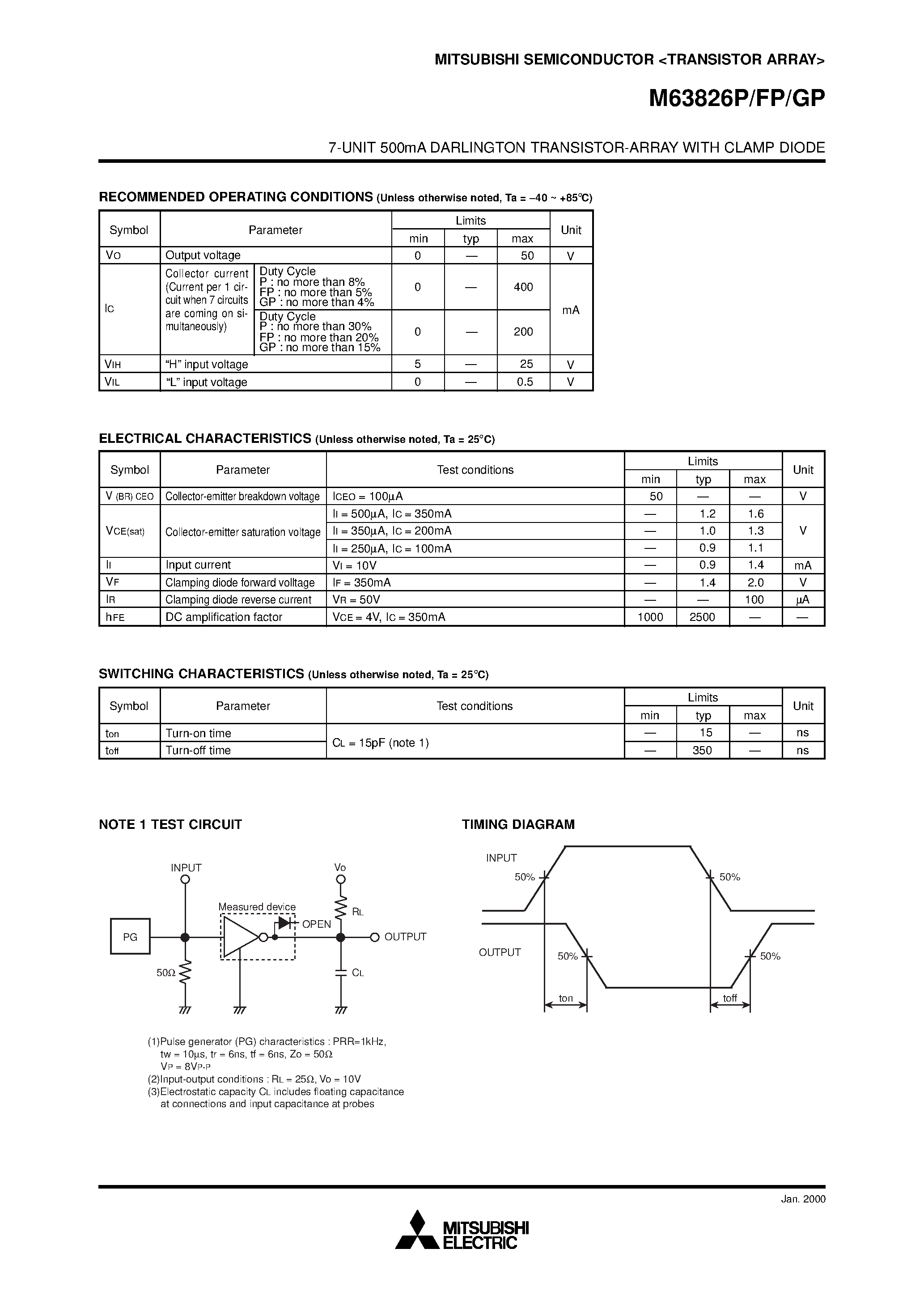 Даташит на микросхему M63826FP страница 2 Даташит M63826FP - 7-UNIT 500mA DARLINGTON TRANSISTOR-ARRAY страница 2