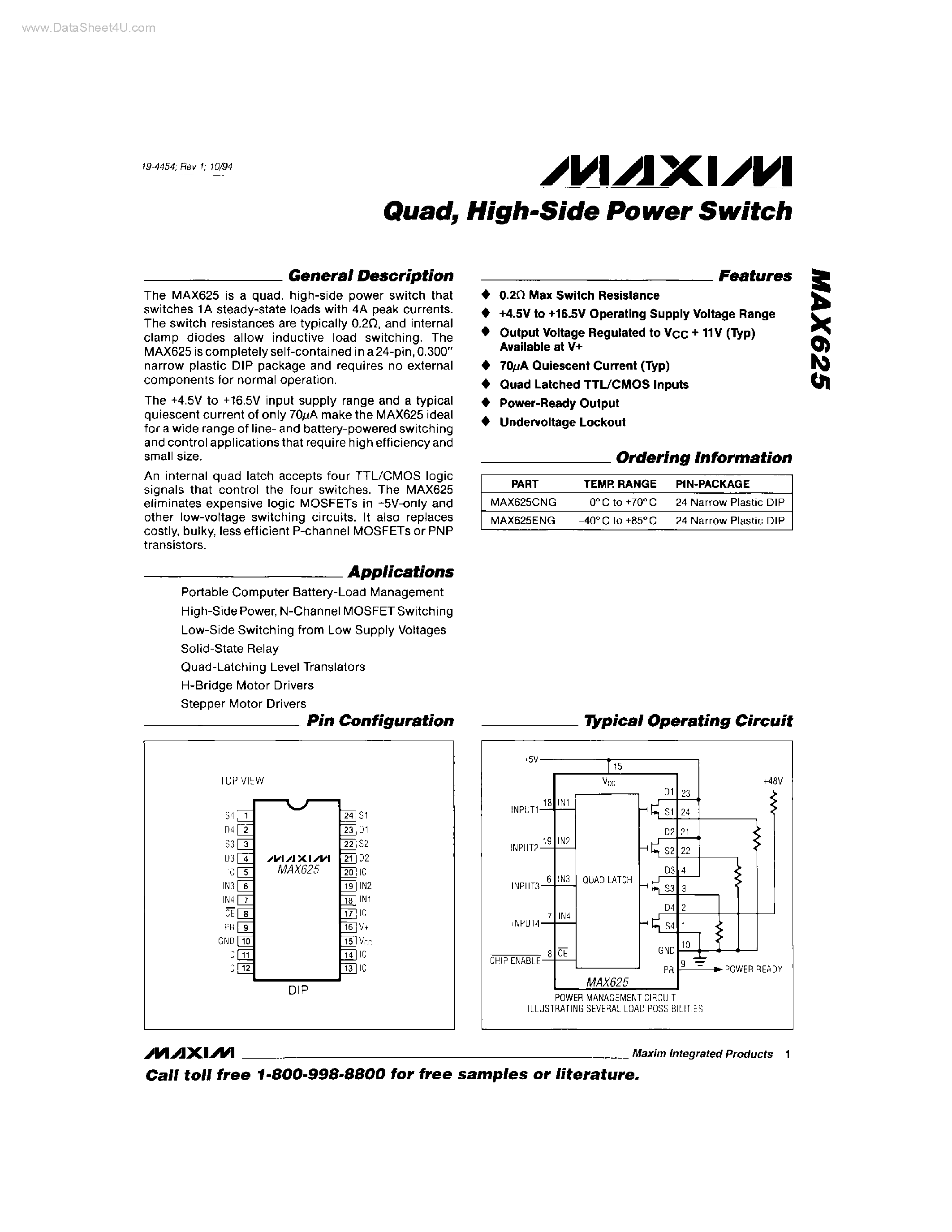 Datasheet MAX625 page 1 Datasheet MAX625 - High-Side Power Switch page 1