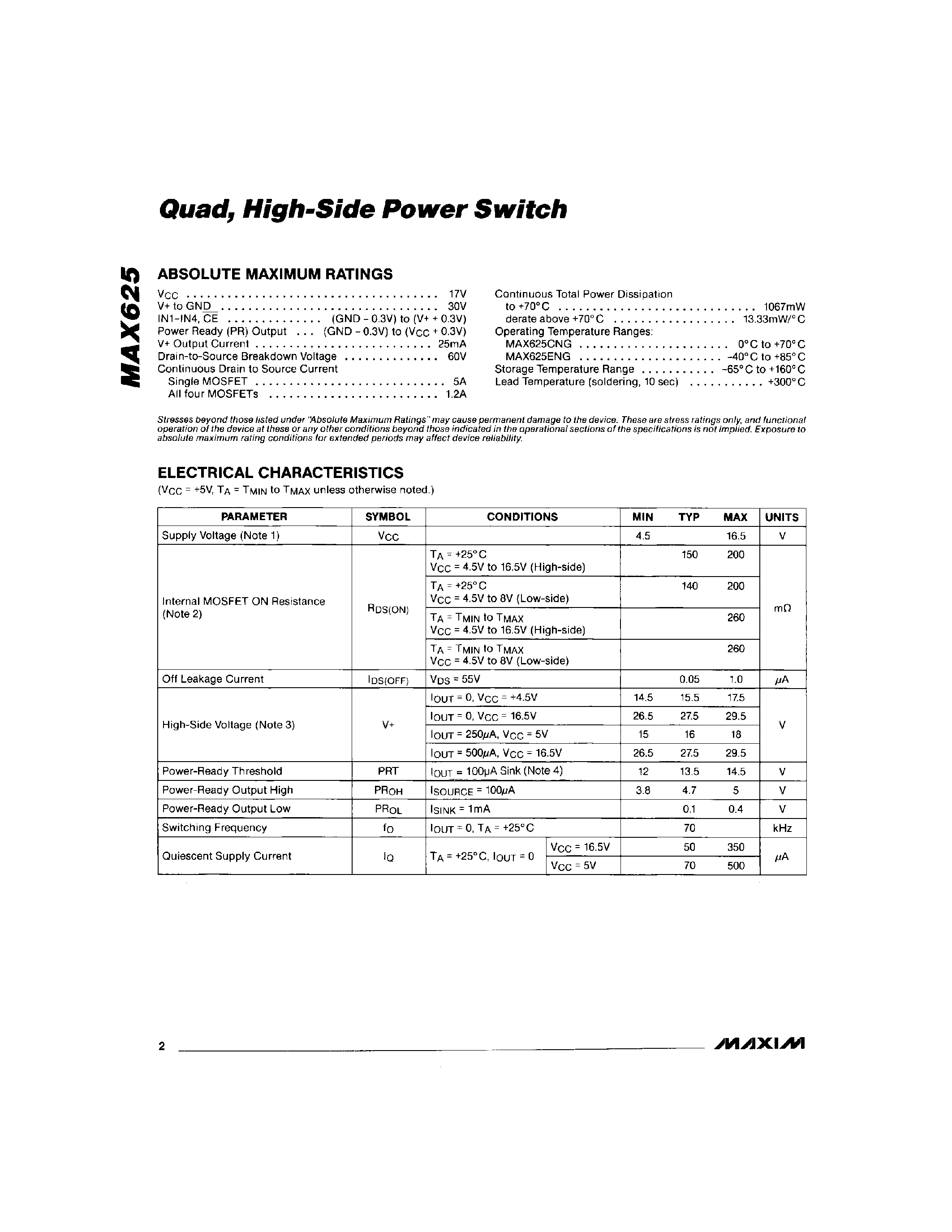 Datasheet MAX625 page 2 Datasheet MAX625 - High-Side Power Switch page 2