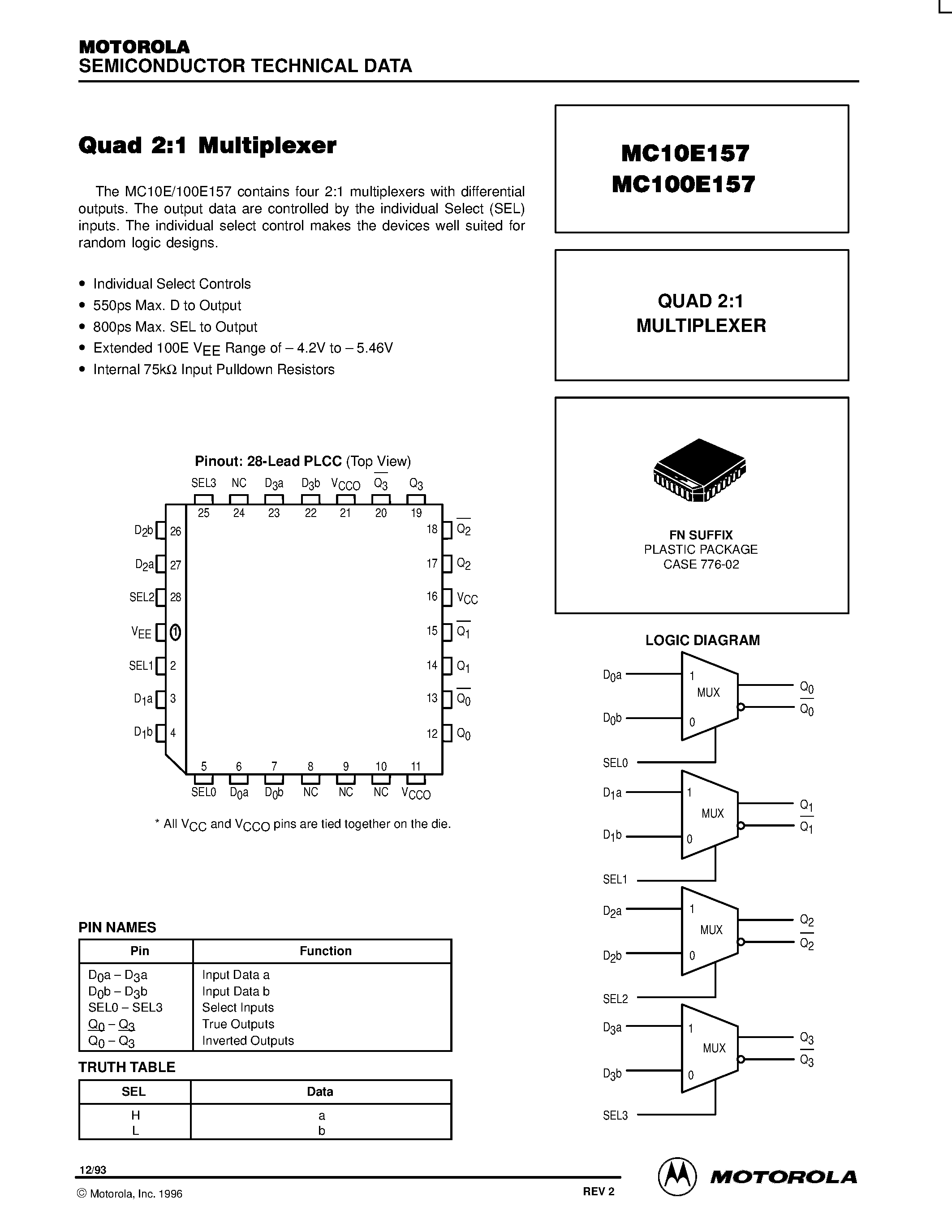 Datasheet MC100E157 page 1 Datasheet MC100E157 - QUAD 2:1 MULTIPLEXER page 1