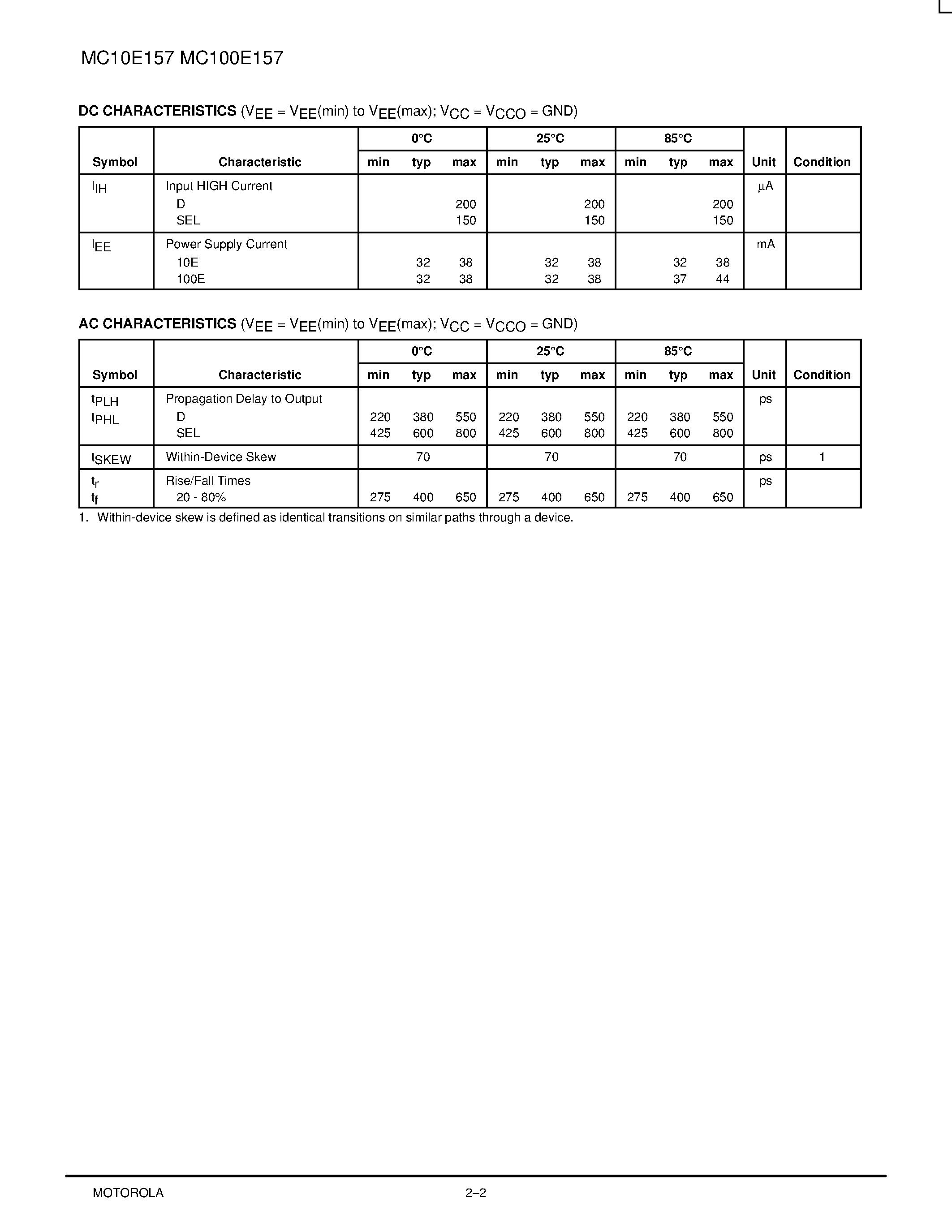 Datasheet MC100E157 page 2 Datasheet MC100E157 - QUAD 2:1 MULTIPLEXER page 2