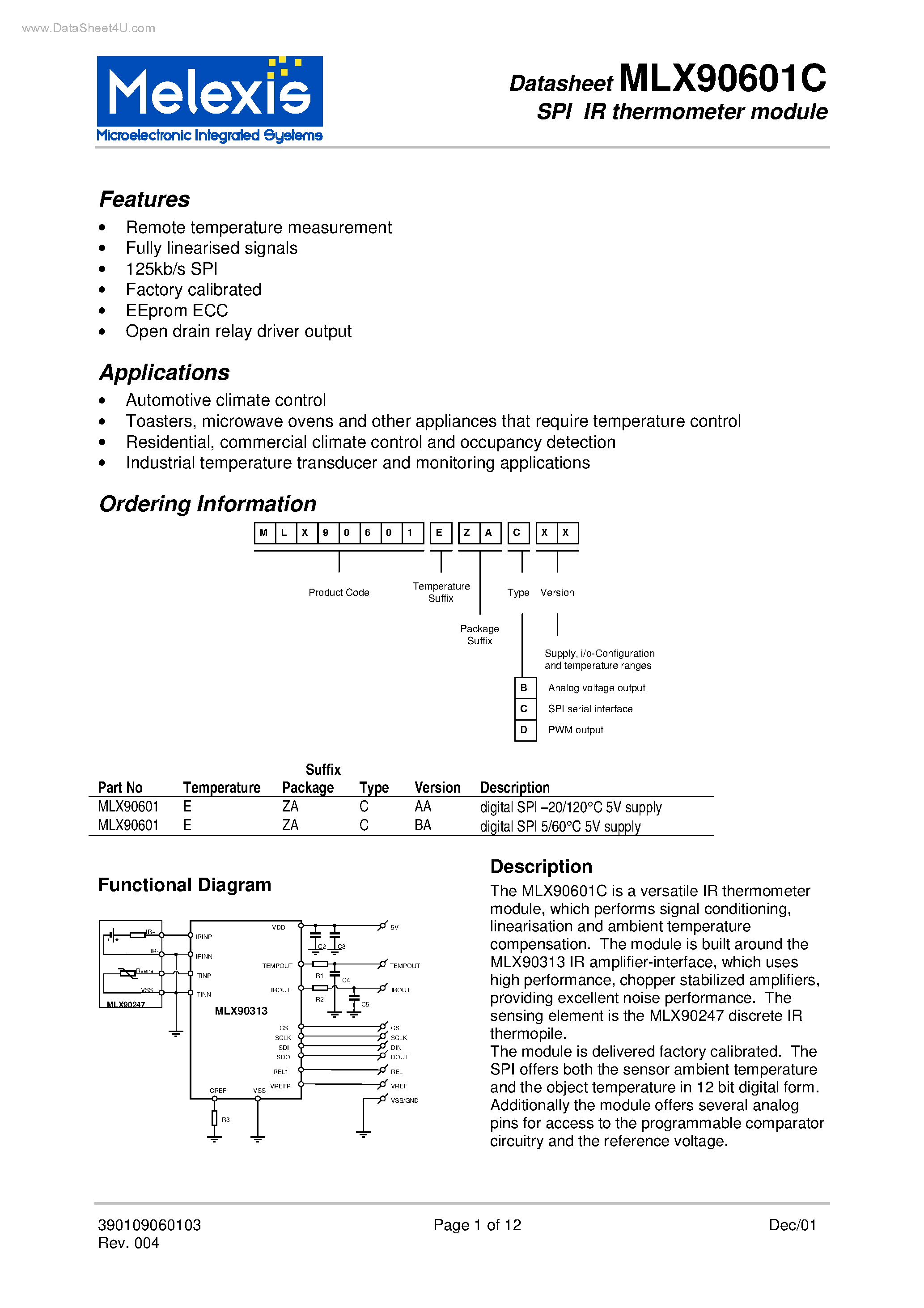 Datasheet MLX90601C - SPI IR thermometer module page 1