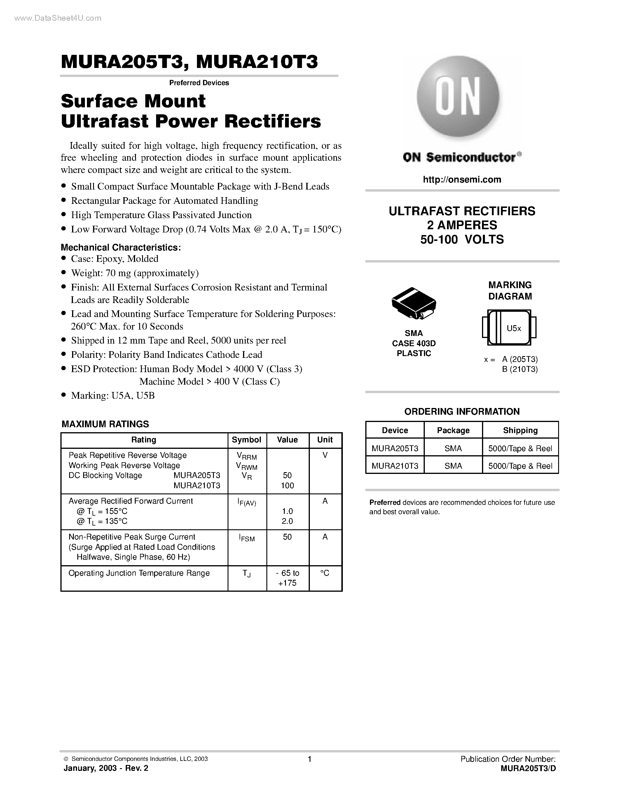 Datasheet MURA205T3 page 1 Datasheet MURA205T3 - (MURA205T3 / MURA210T3) Surface Mount Ultrafast Power Rectifiers page 1
