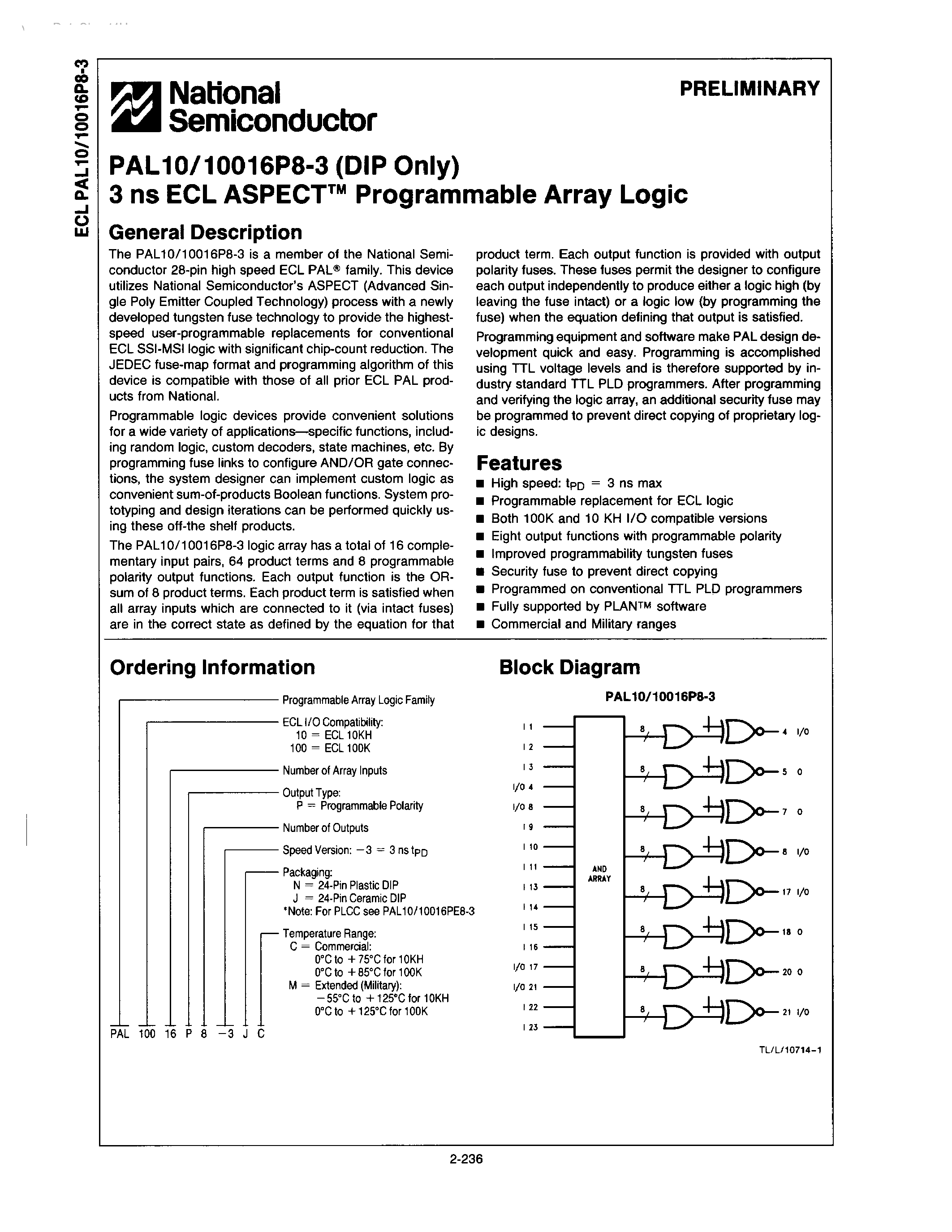 Datasheet PAL10016P8-3 - 3ns ECL ASPECT Programmable Array Logic page 1
