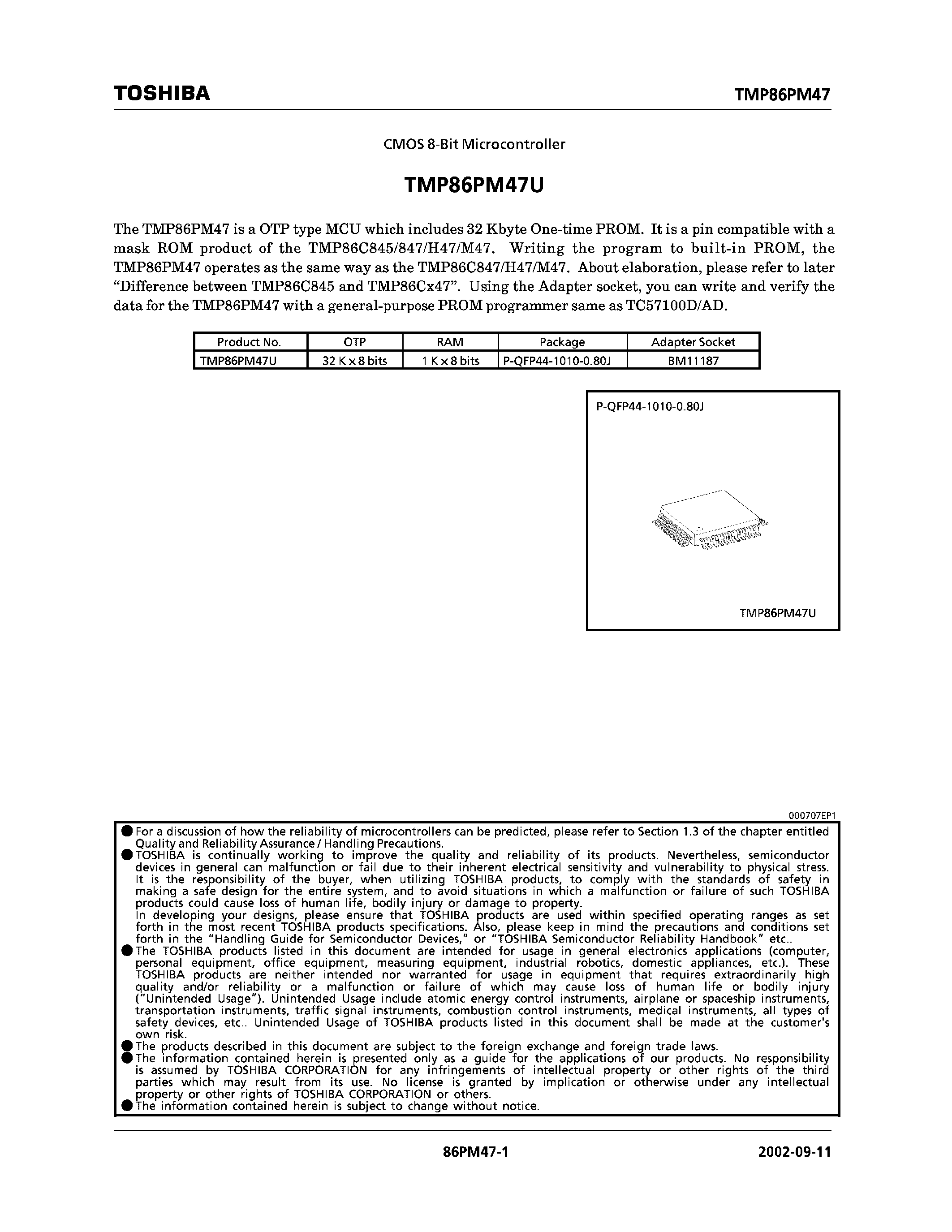 Datasheet TMP86PM47U - CMOS 8-Bit Microcontroller page 1