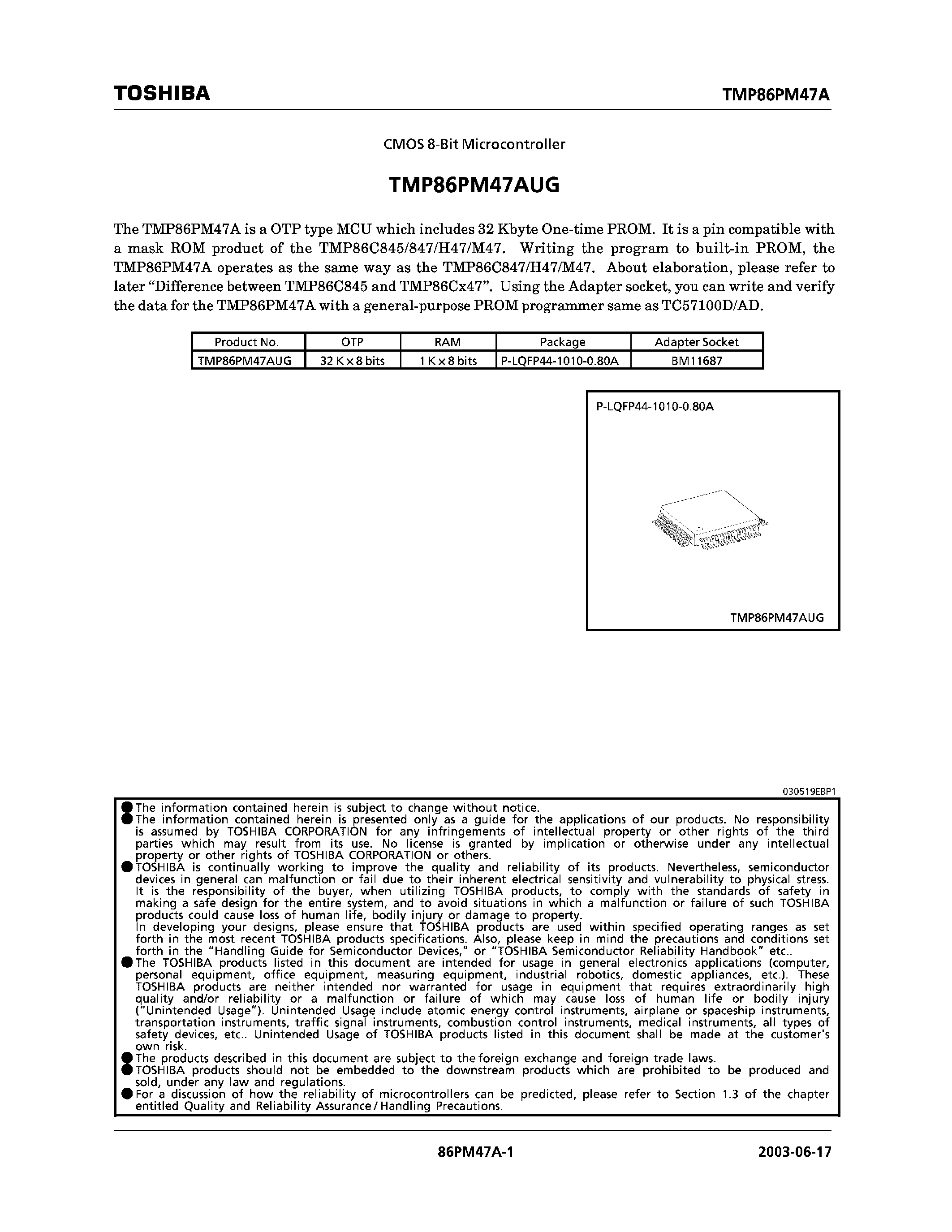 Datasheet TMP86PM47AUG - CMOS 8-Bit Microcontroller page 1