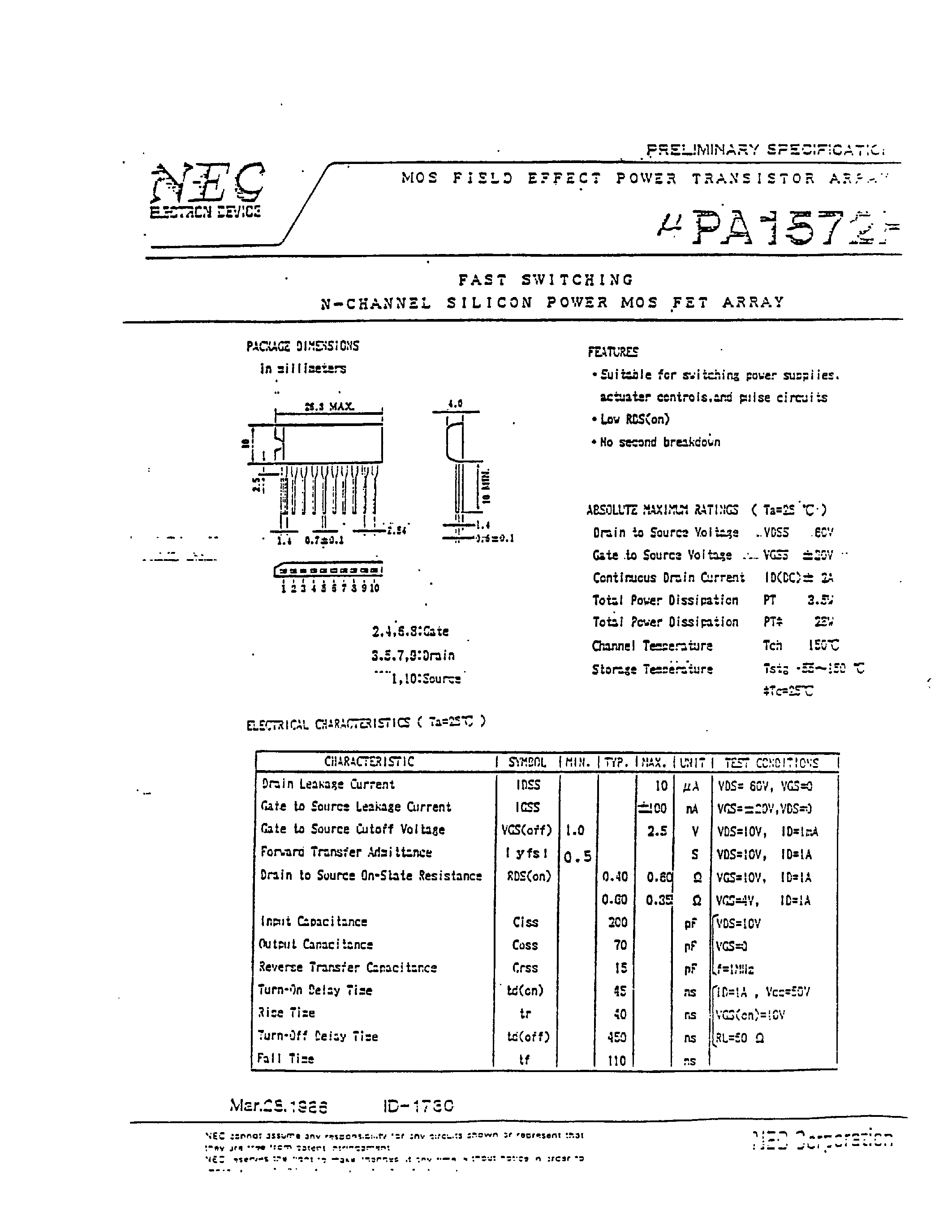Datasheet UPA1572H - FAST SWITCHING N-CHANNEL SILICON POWER MOS FET ARRAY page 1