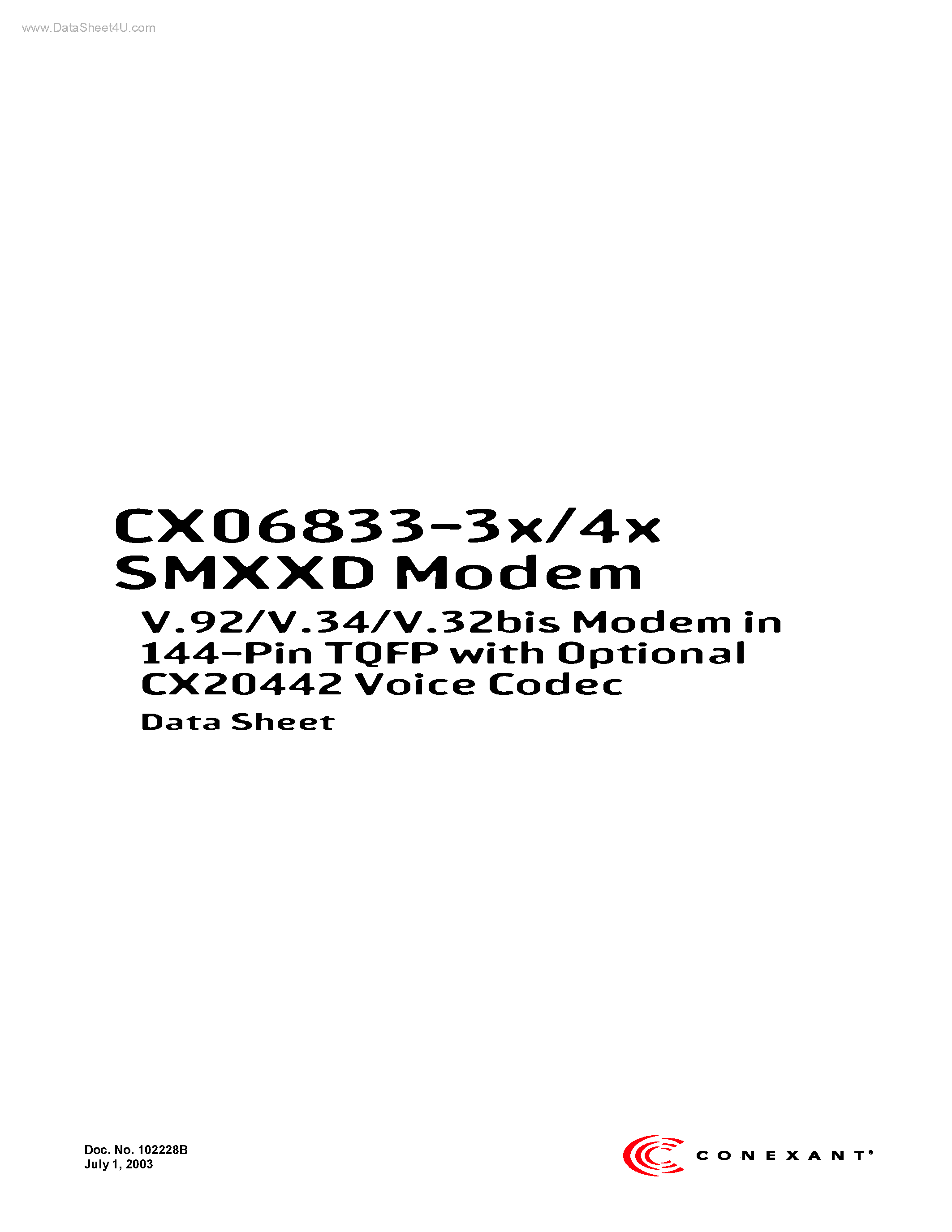Даташит CX06833-3x - (CX06833-3x/-4x) V.92/V.34/V.32bis Modem страница 1