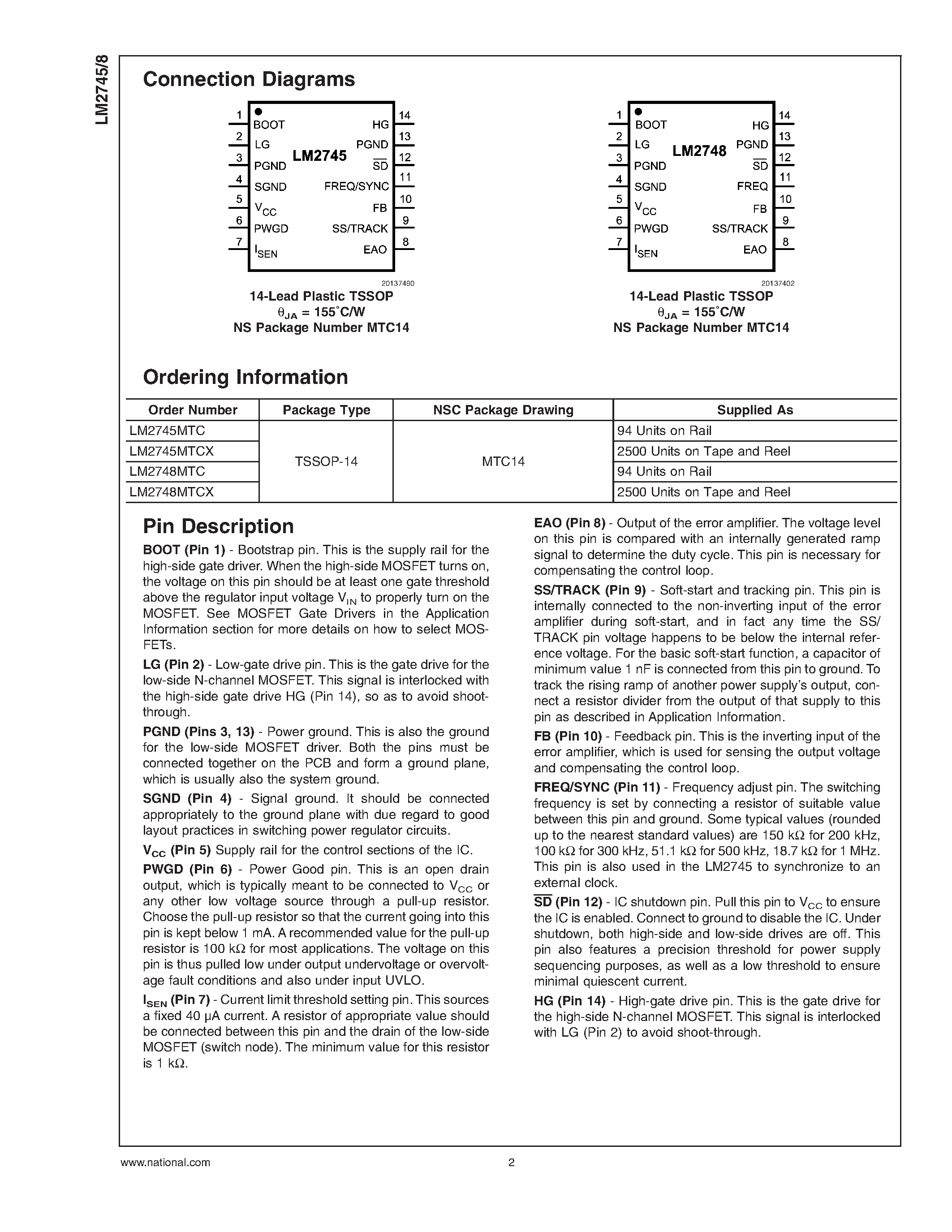 Даташит LM2745 - (LM2745 / LM2748) Synchronous Buck Controller страница 2