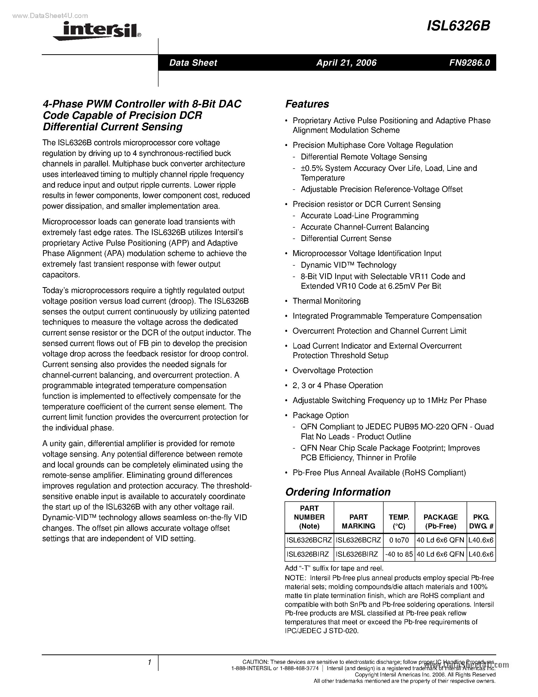 Даташит ISL6326B - 4-Phase PWM Controller страница 1