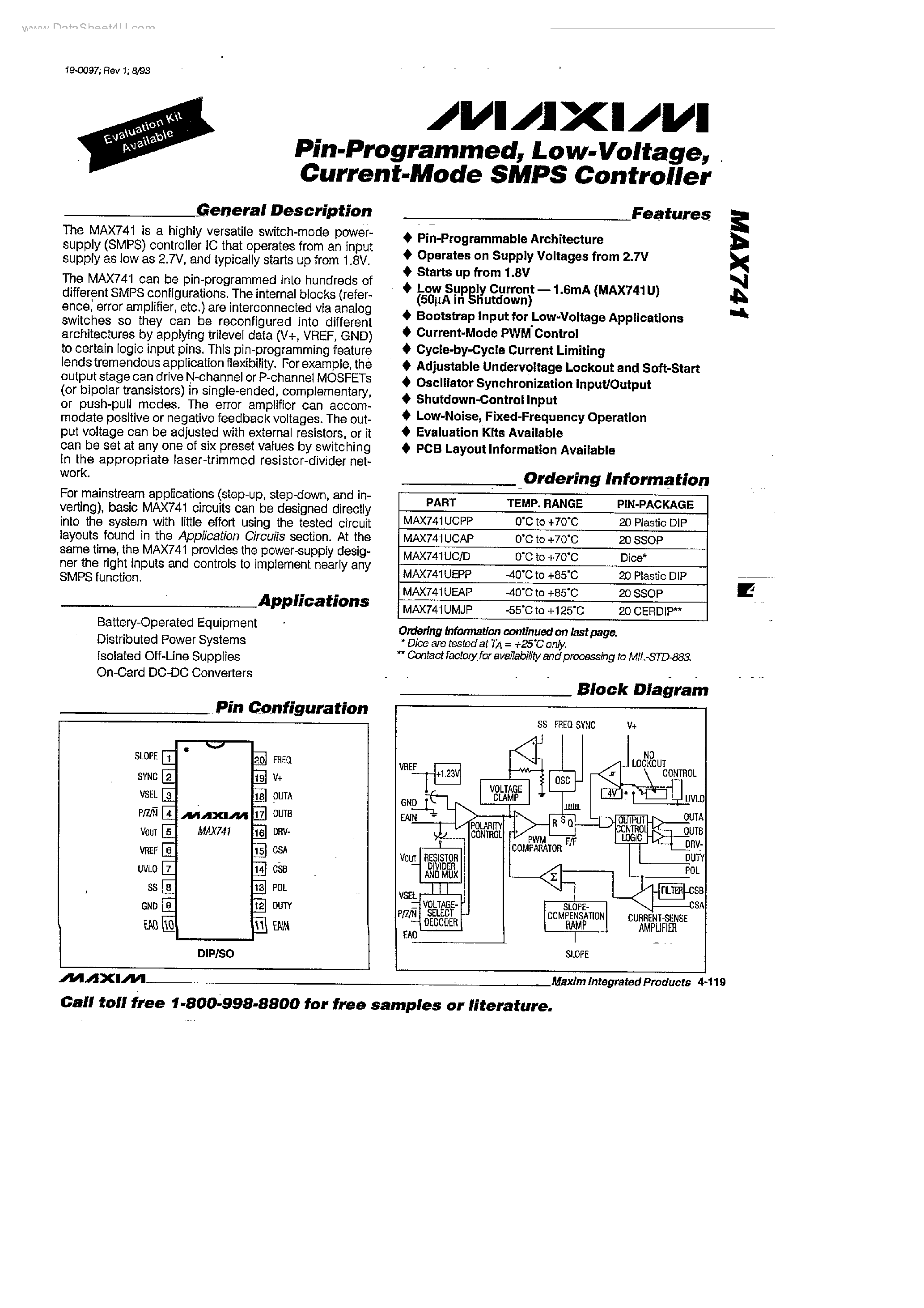 Datasheet MAX741 - Low-Voltage Current-Mode SMPS Controller page 1