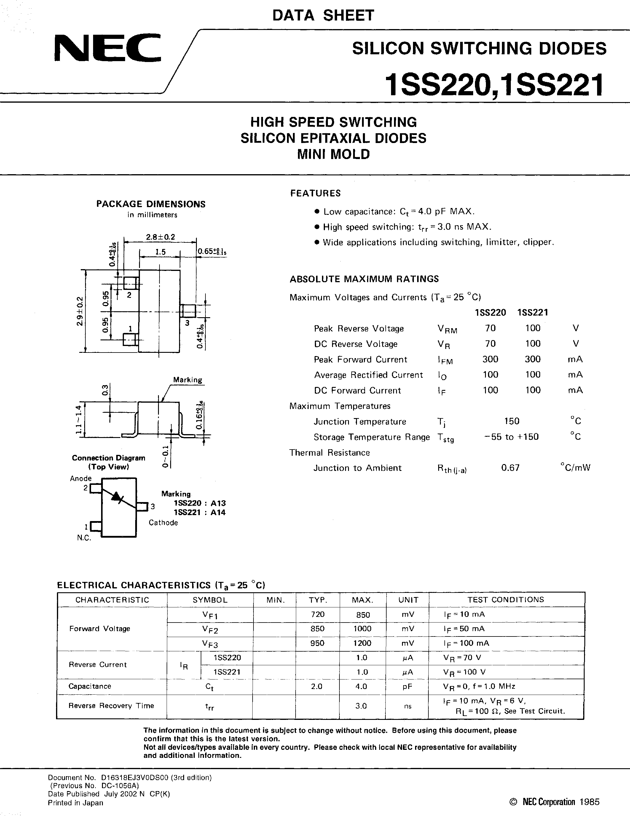 Datasheet 1SS220 - (1SS220 / 1SS221) SILICON SWITCHING DIODES page 1