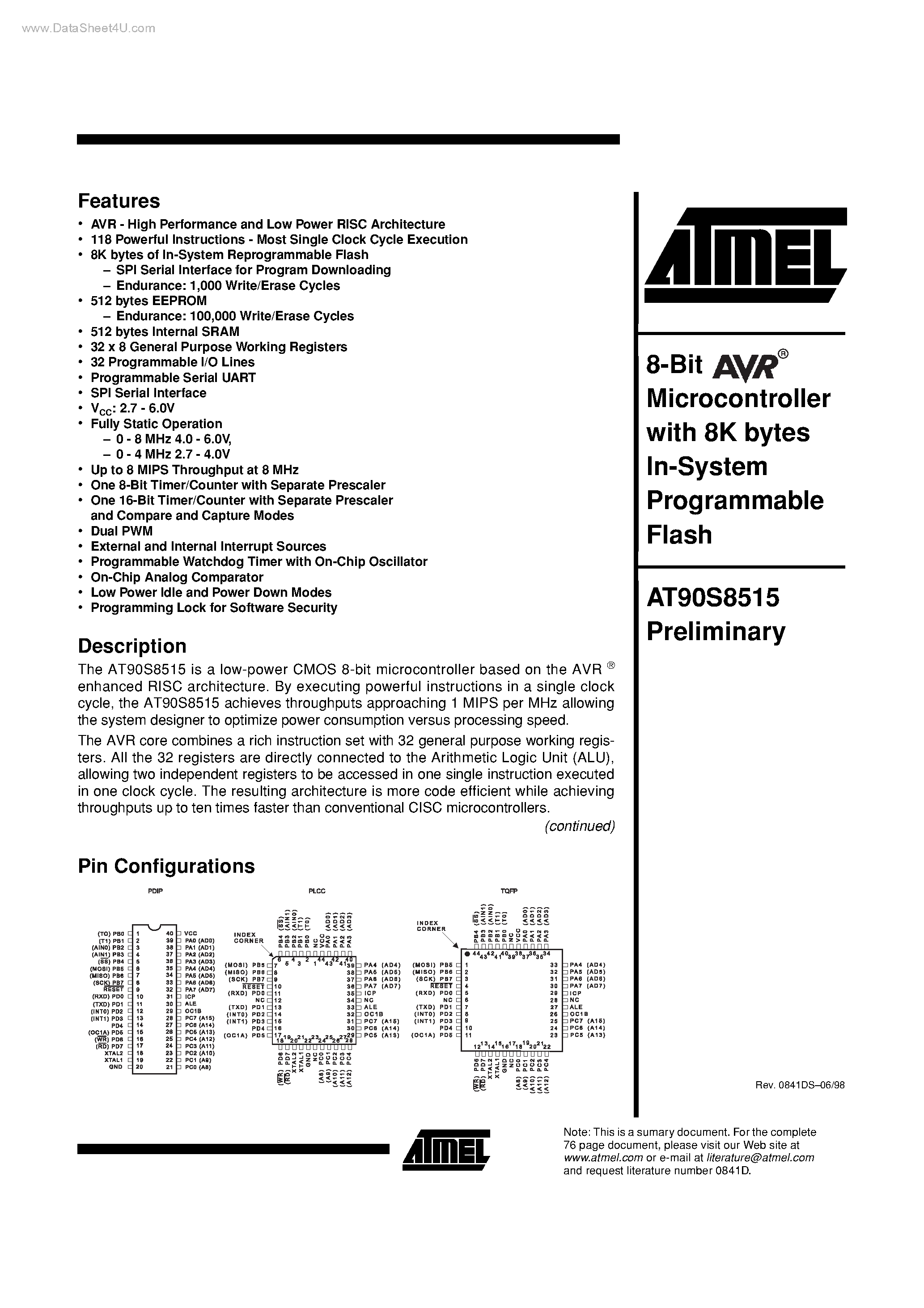 Даташит AT90C8515 - 8-Bit Microcontroller страница 1
