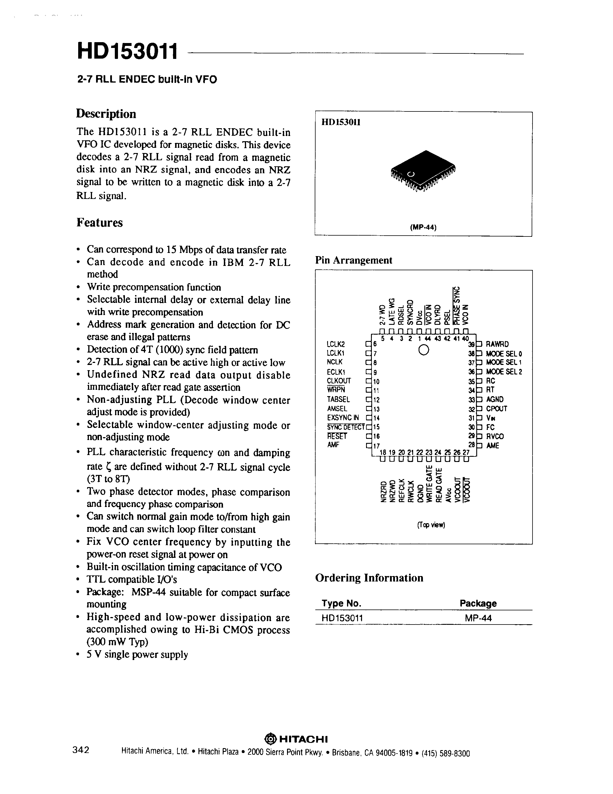 Datasheet HD153011 page 1 Datasheet HD153011 - 2-7 RLL ENDEC BULLT-IN VFO page 1