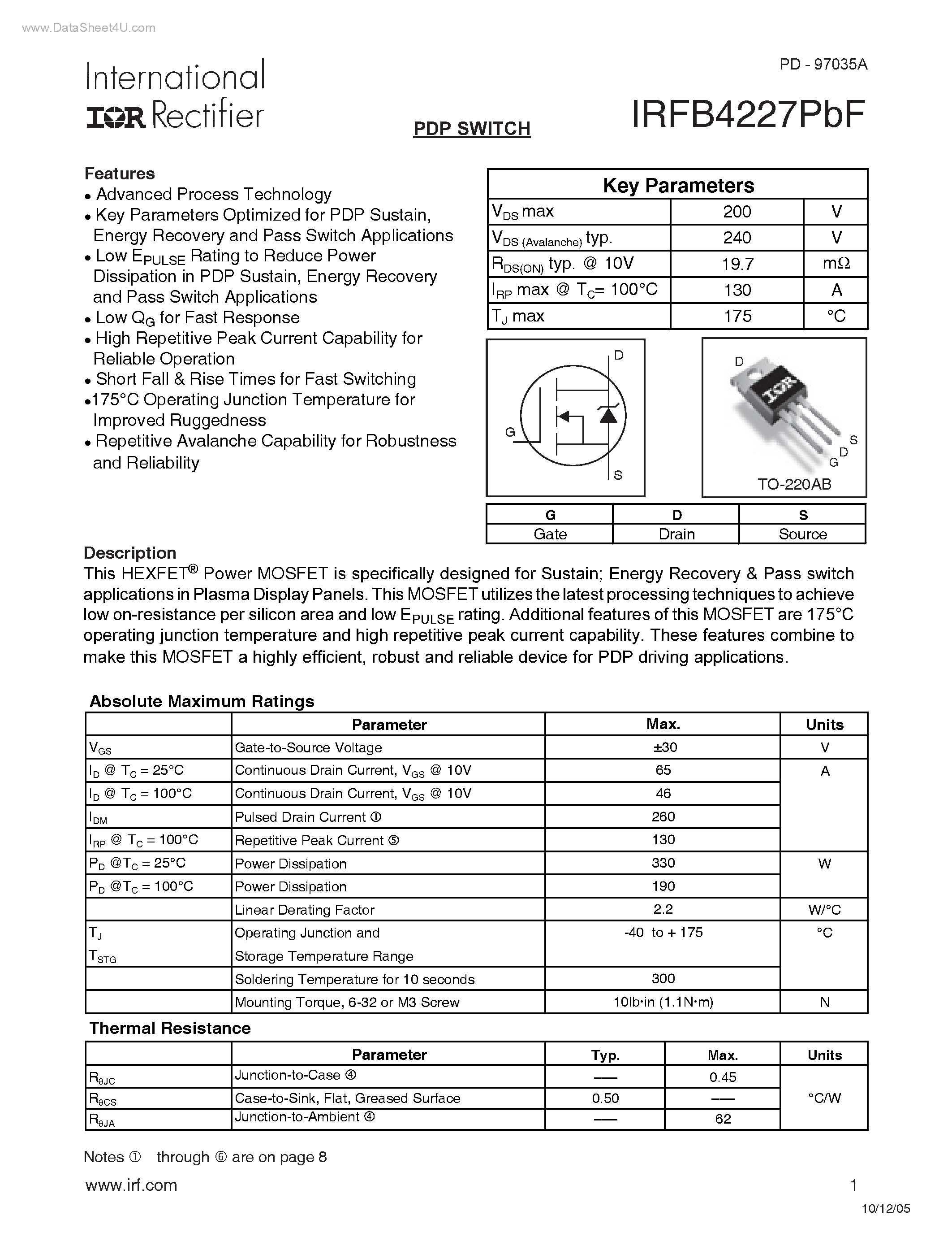 Datasheet IRFB4227PBF - PDP SWITCH page 1
