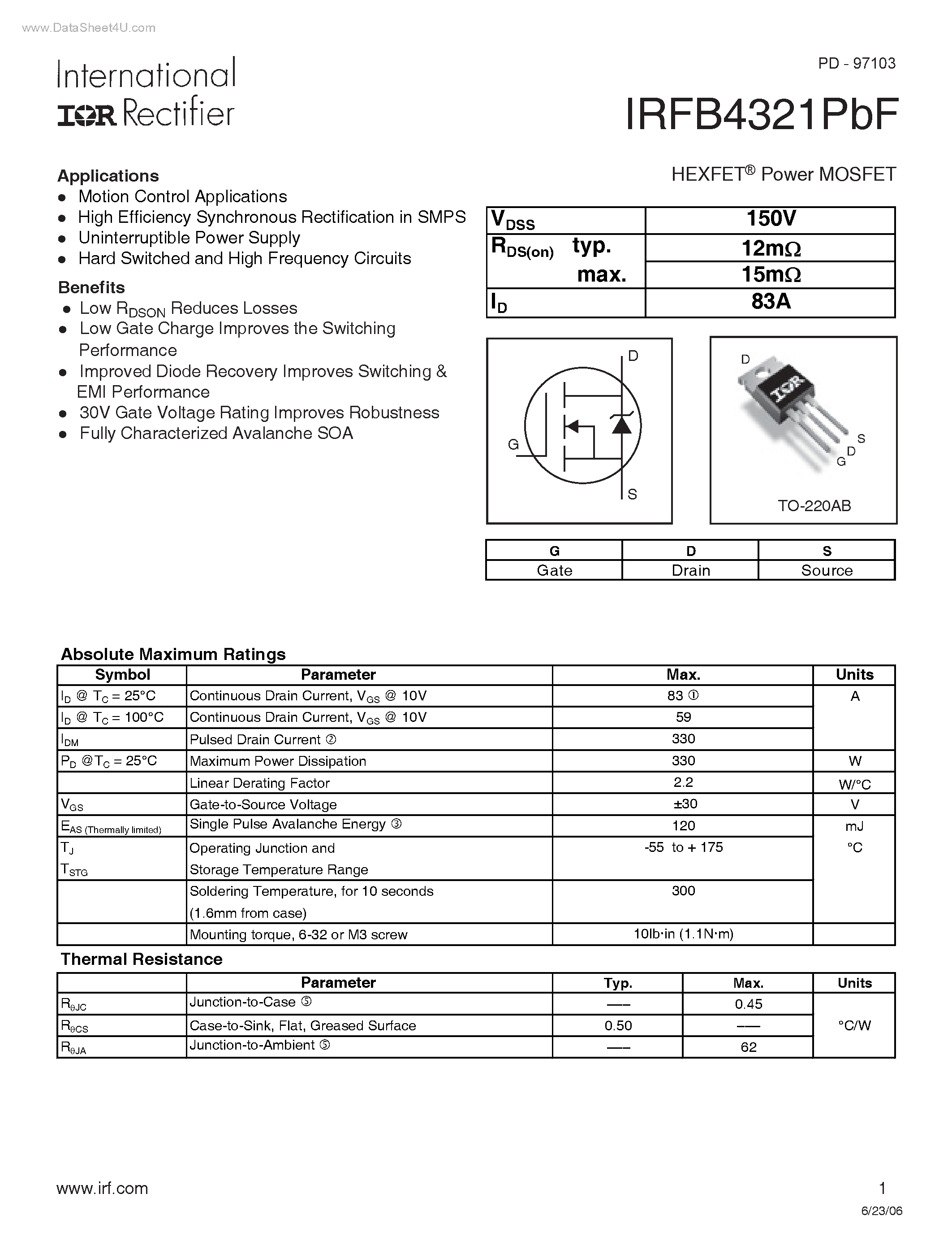 Datasheet IRFB4321PBF - HEXFET Power MOSFET page 1