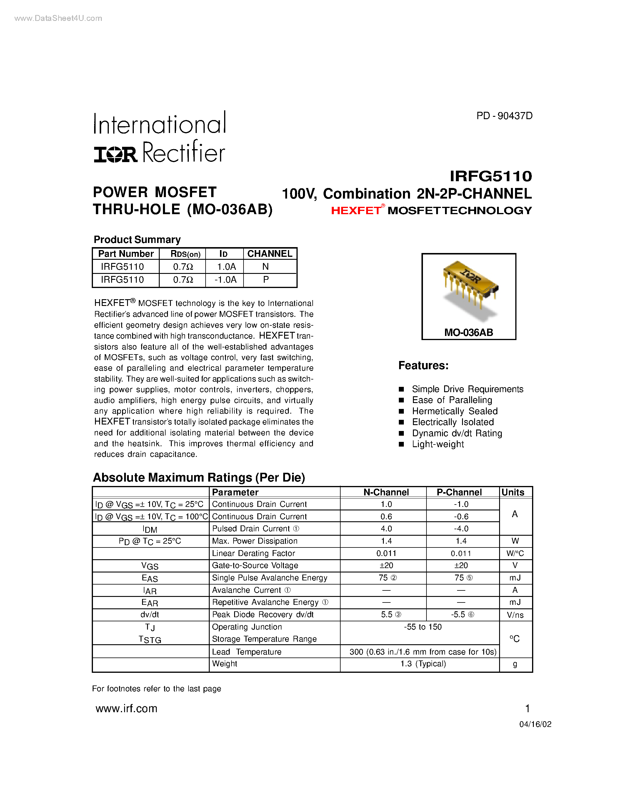 Datasheet IRFG5110 - Combination 2N-2P-CHANNEL page 1