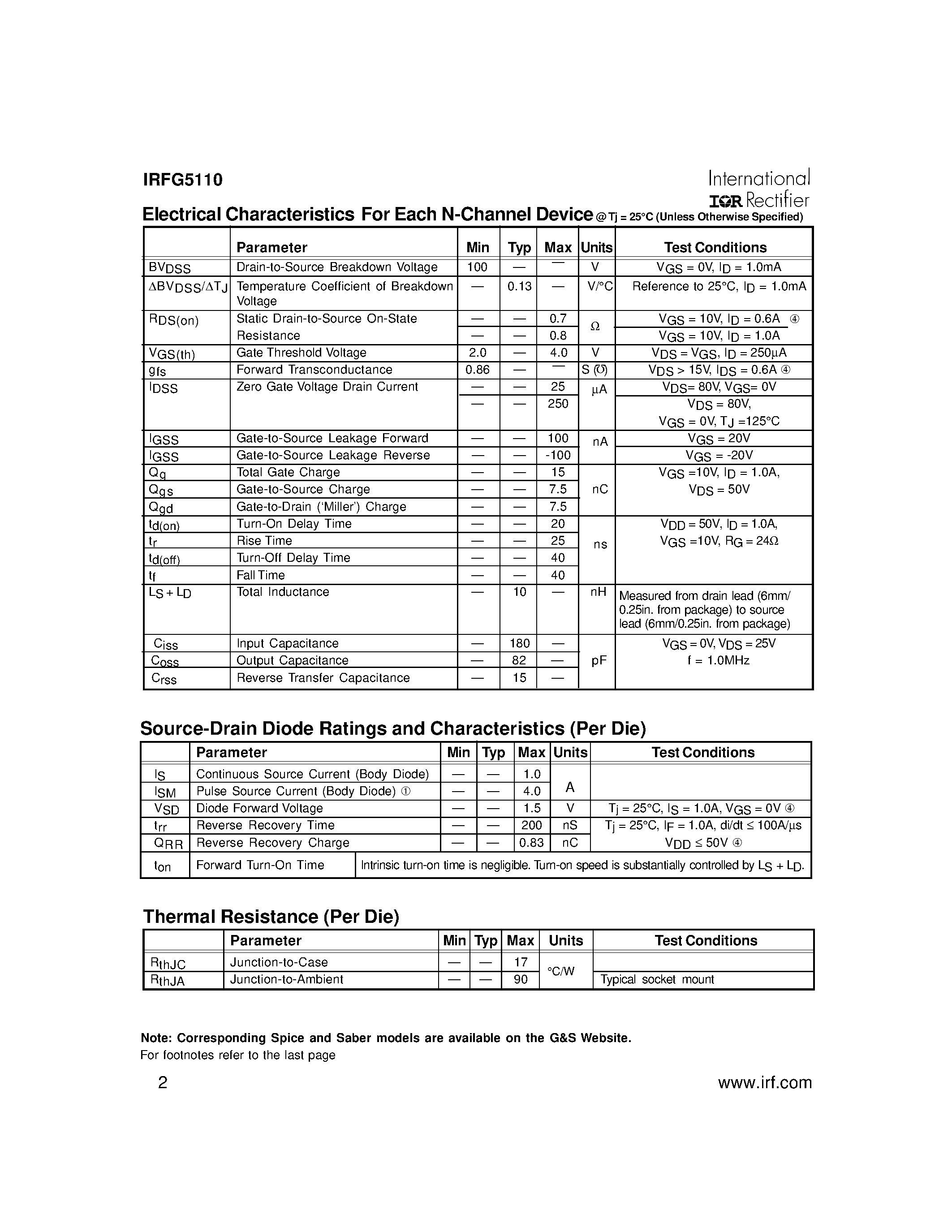 Datasheet IRFG5110 - Combination 2N-2P-CHANNEL page 2