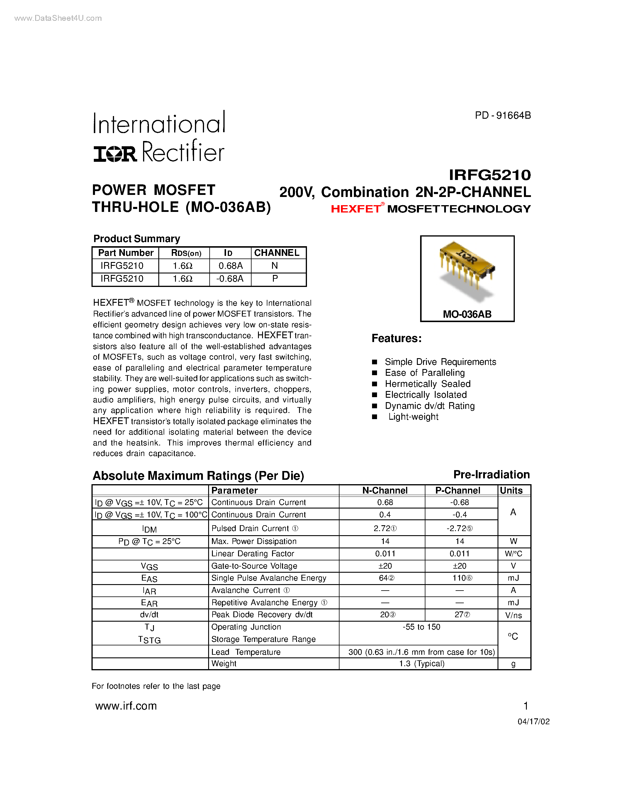 Datasheet IRFG5210 - Combination 2N-2P-CHANNEL HEXFET MOSFET TECHNOLOGY page 1