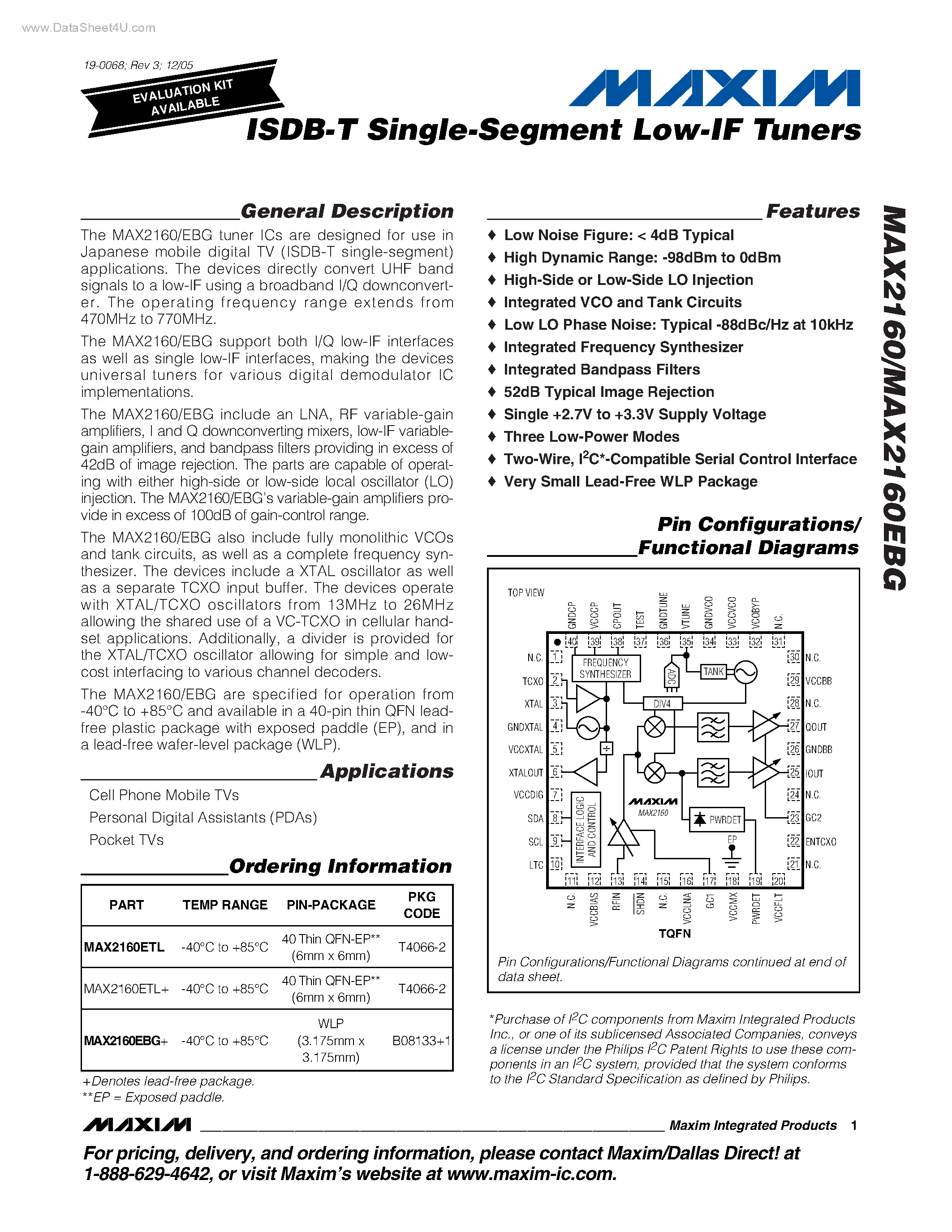 Даташит на микросхему MAX2160 страница 1 Даташит MAX2160 - ISDB-T Single-Segment Low-IF Tuners страница 1