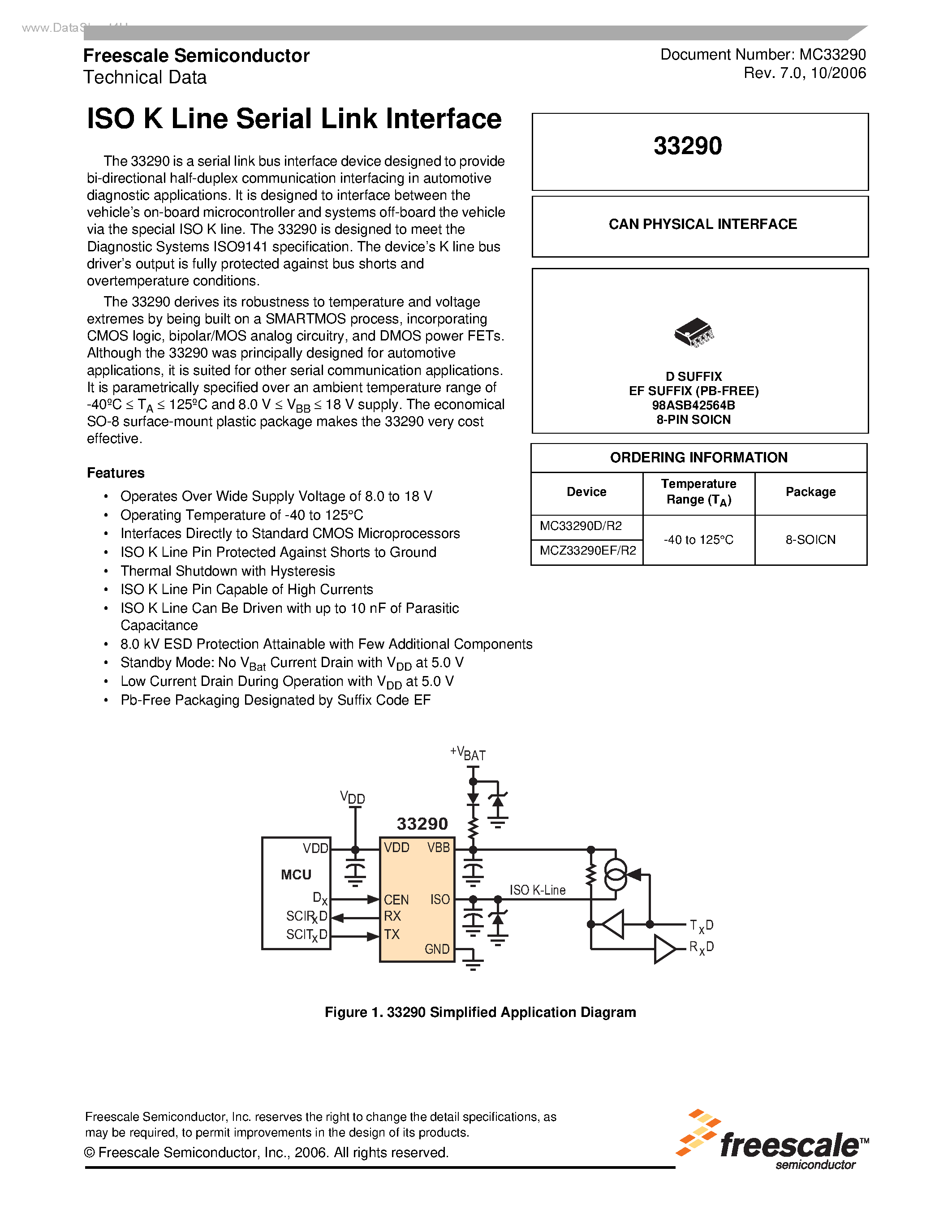 Даташит MCZ33290 - ISO K Line Serial Link Interface страница 1