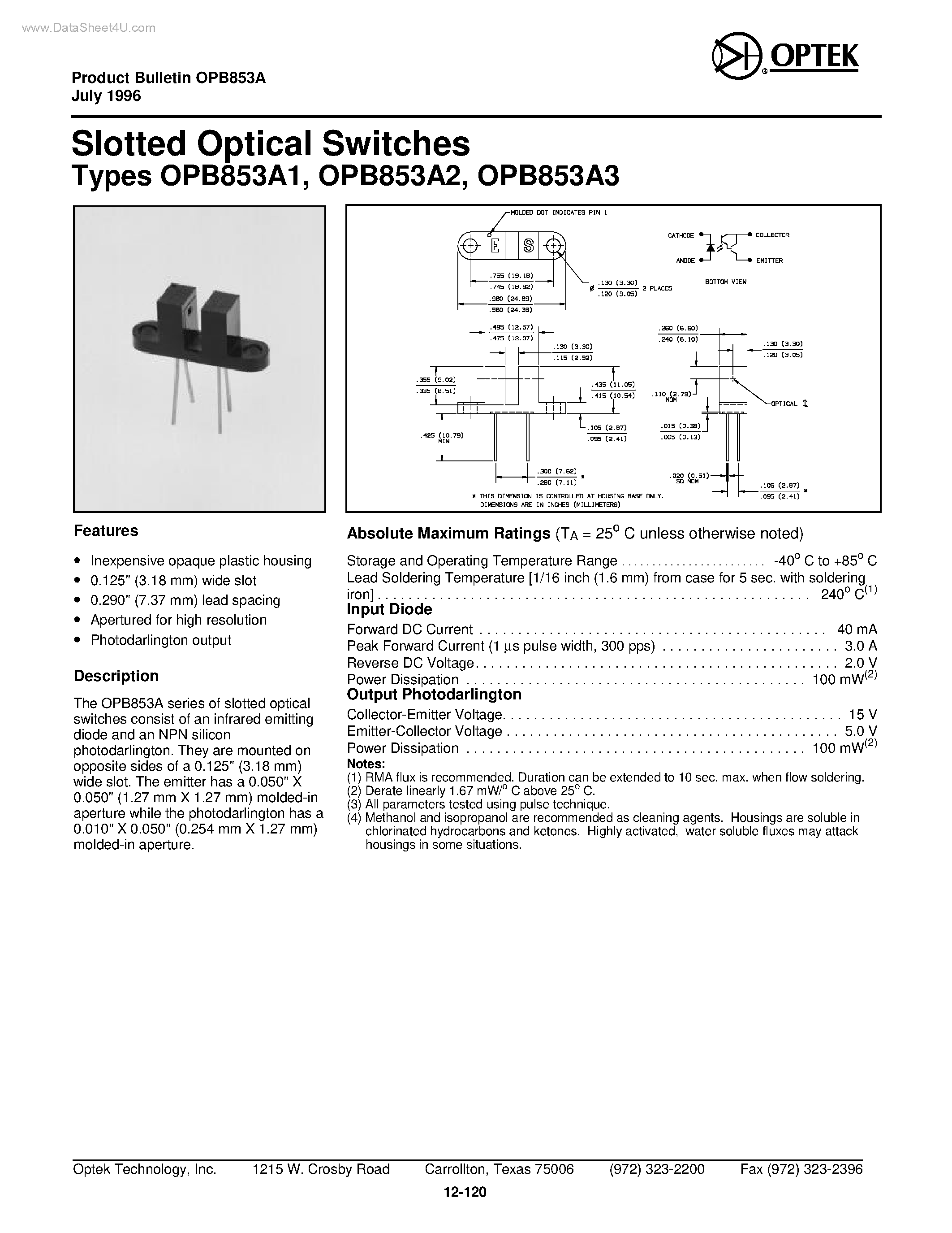 Даташит на микросхему OPB853A1 страница 1 Даташит OPB853A1 - (OPB853A1 - OPB853A3) Slotted Op ti cal Switches страница 1