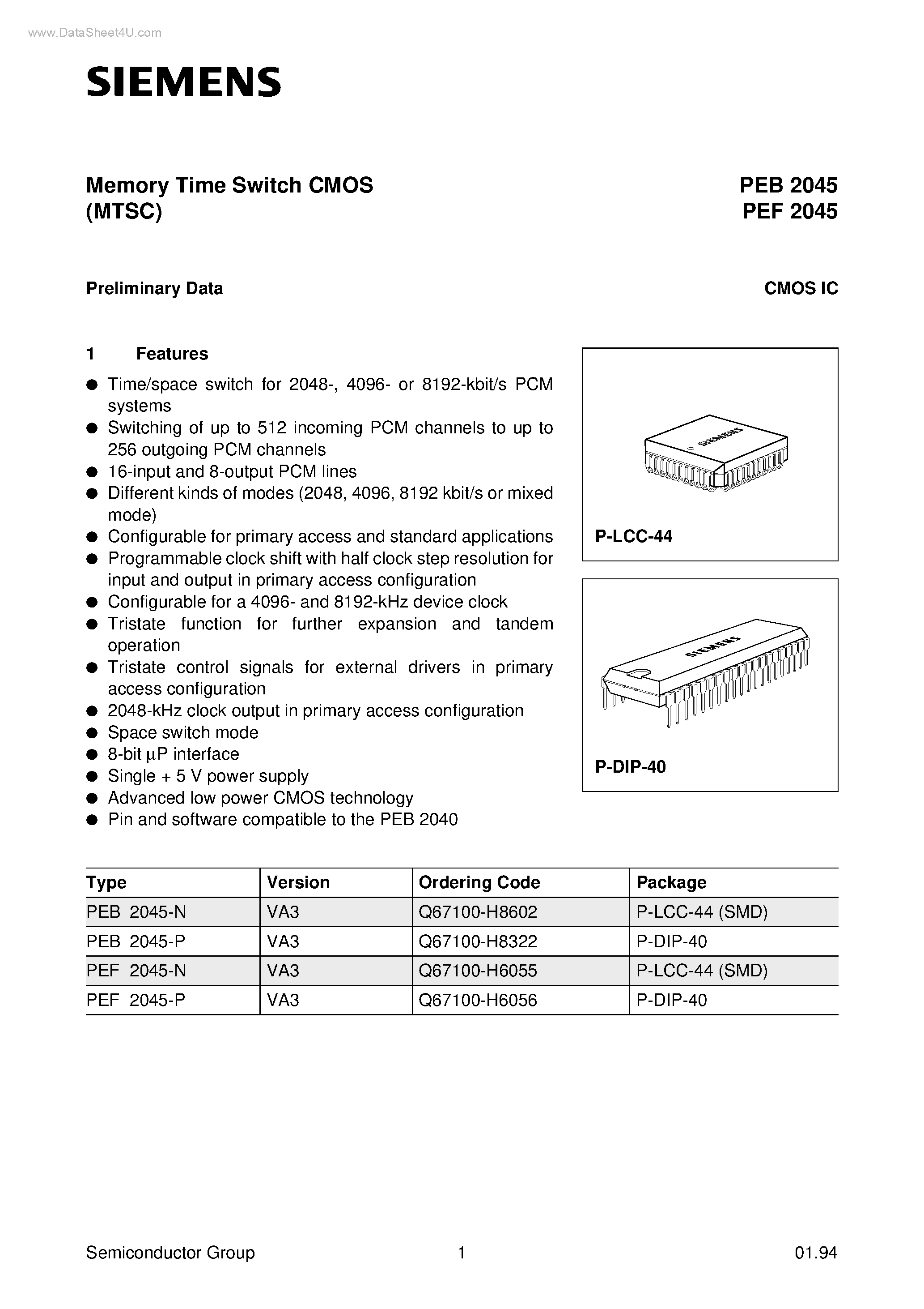 Datasheet PEF2045 - Memory Time Switch CMOS page 1