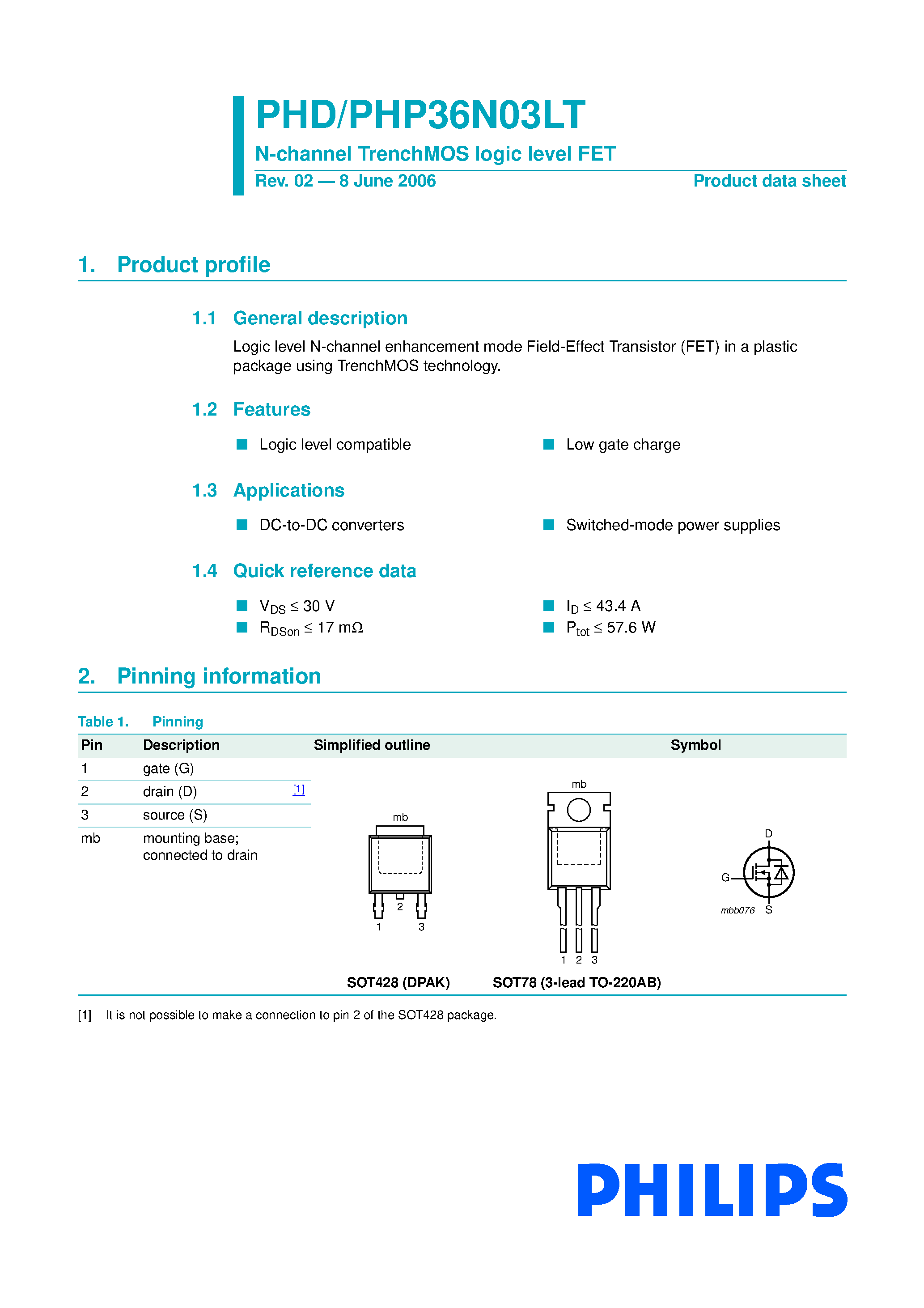 Datasheet PHD36N03LT - N-channel TrenchMOS logic level FET page 1