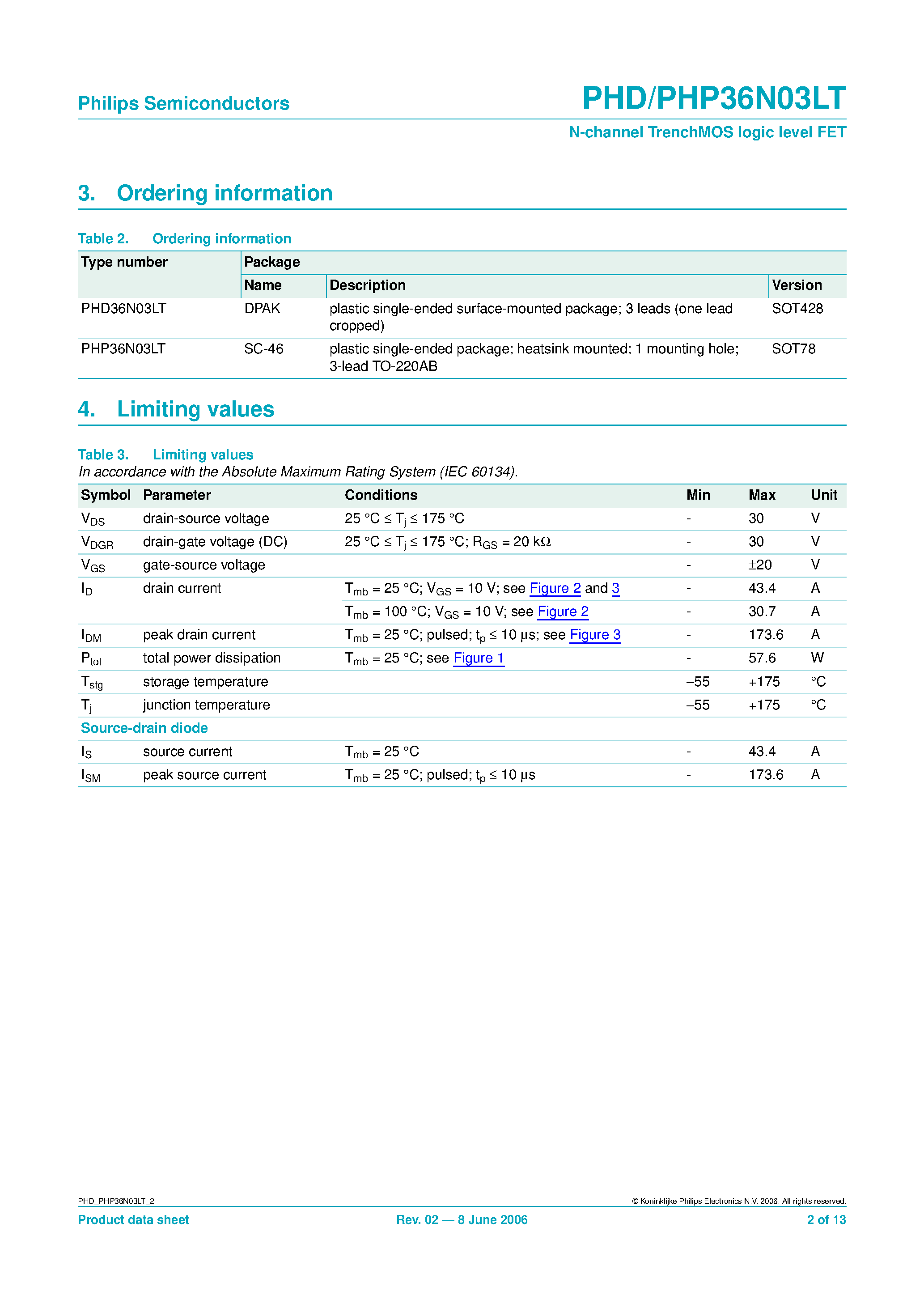 Datasheet PHD36N03LT - N-channel TrenchMOS logic level FET page 2