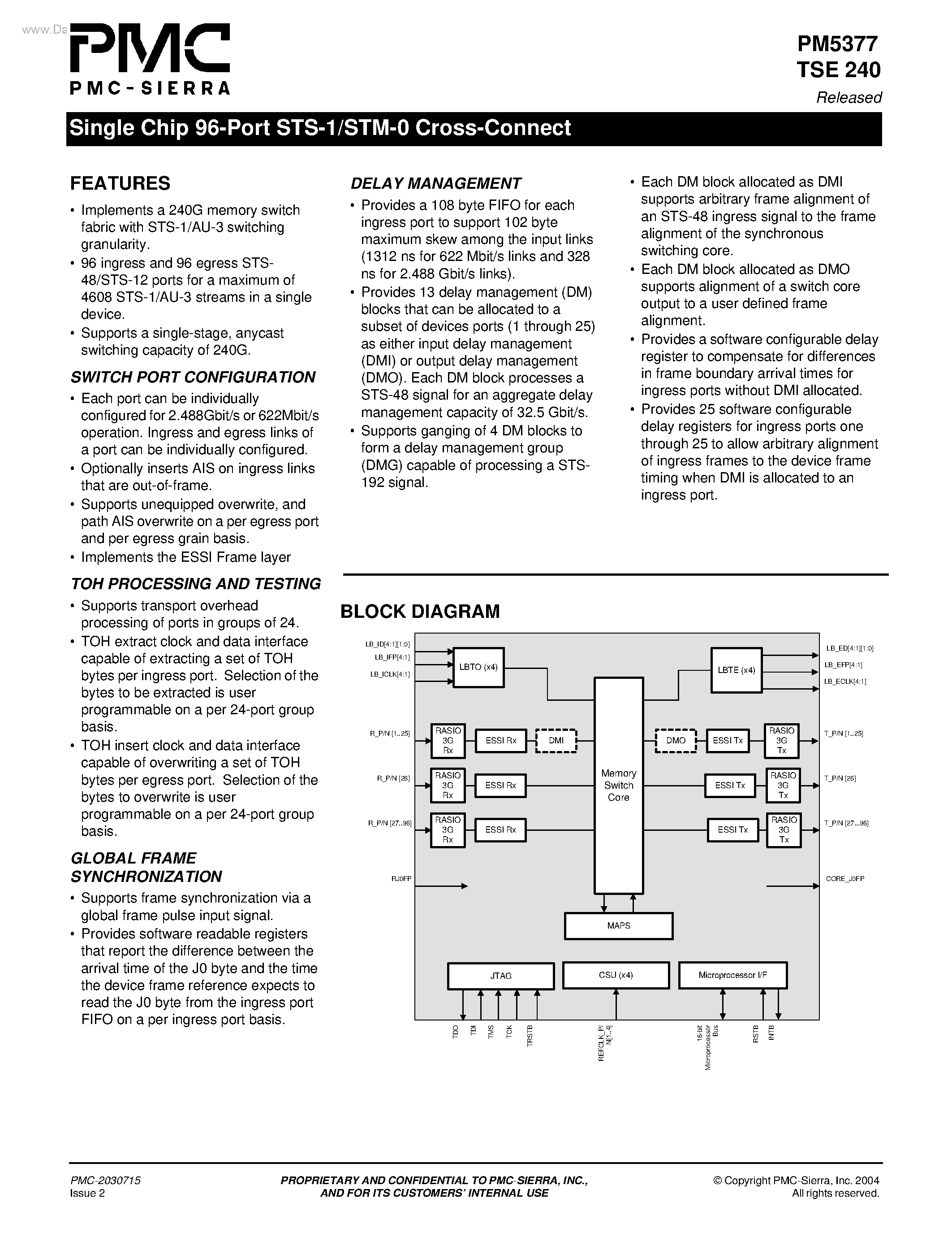 Datasheet PM5377 page 1 Datasheet PM5377 - Single Chip 96-Port STS-1/STM-0 Cross-Connect page 1