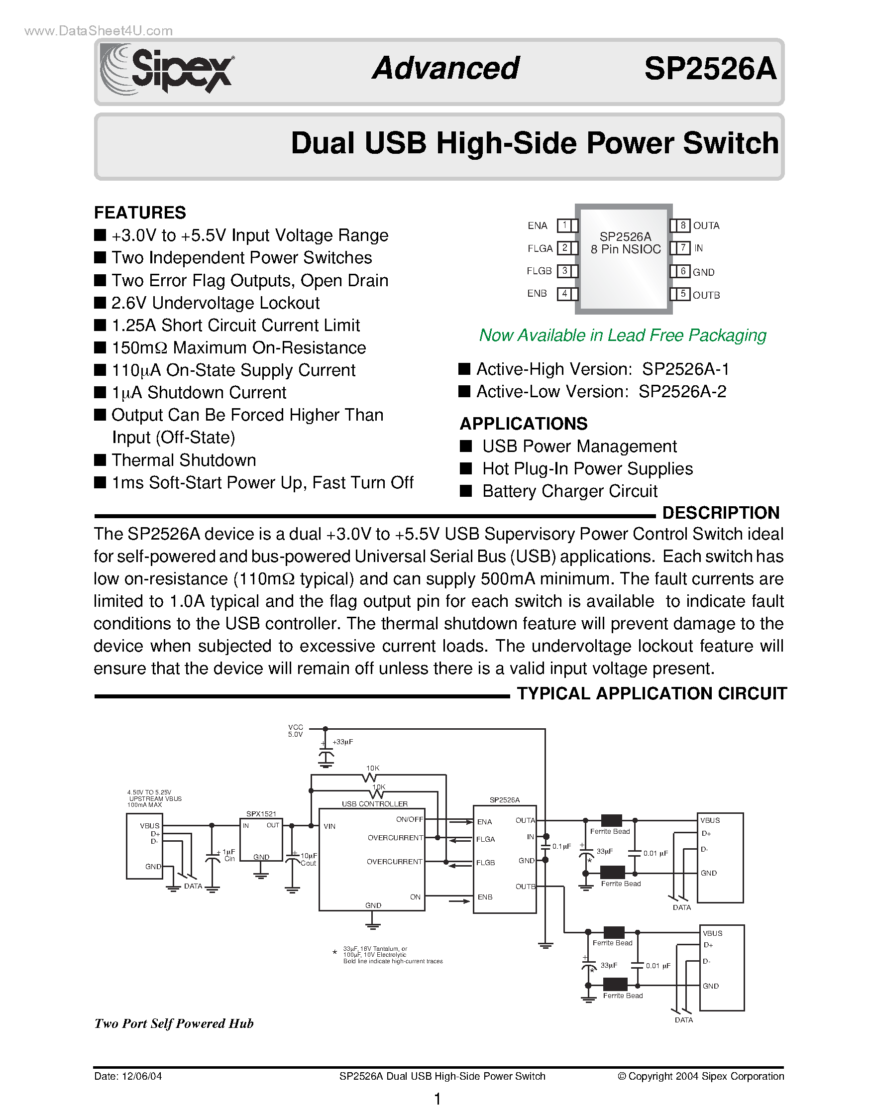 Datasheet SP2526A page 1 Datasheet SP2526A - Dual USB High-Side Power Switch page 1