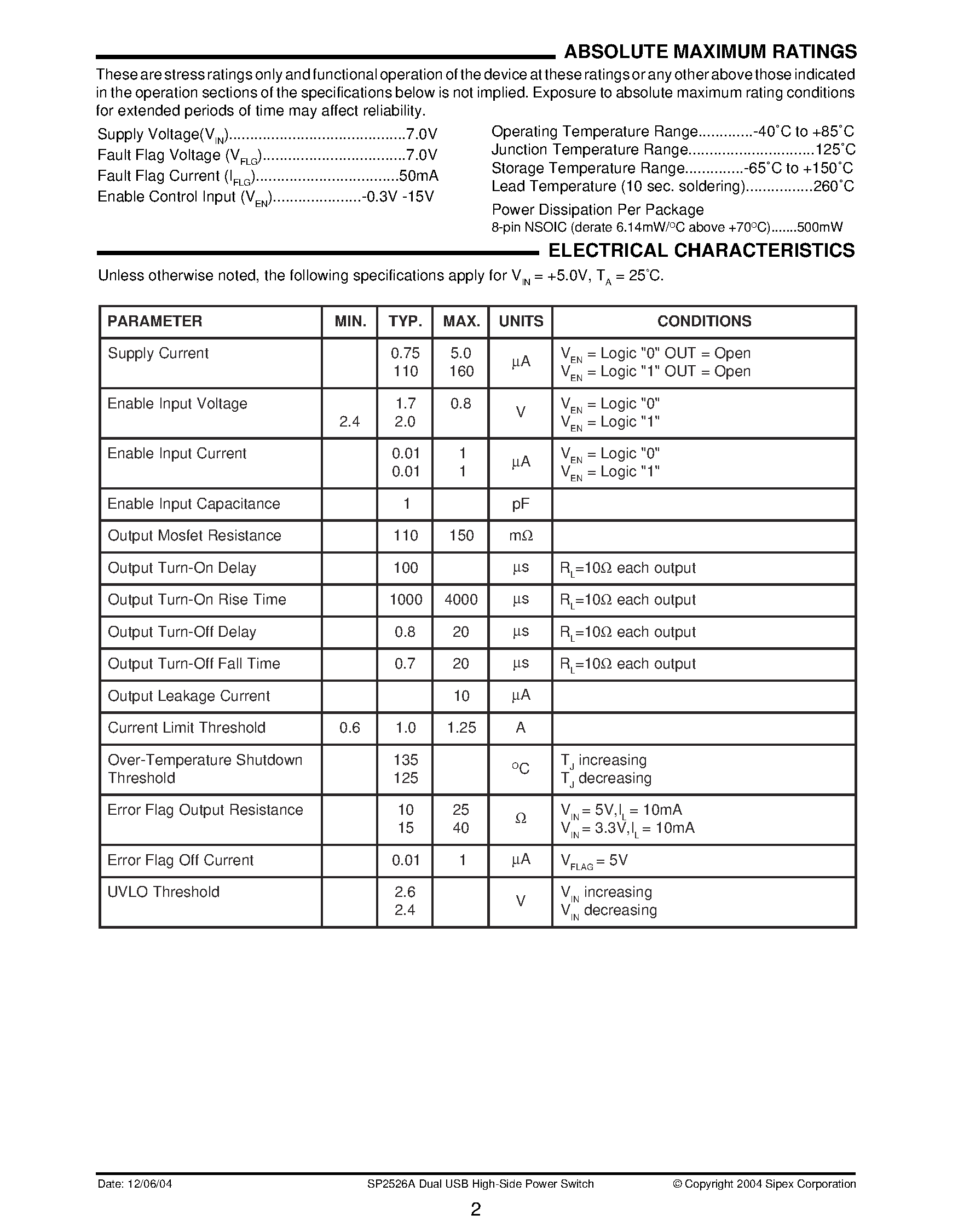 Datasheet SP2526A page 2 Datasheet SP2526A - Dual USB High-Side Power Switch page 2
