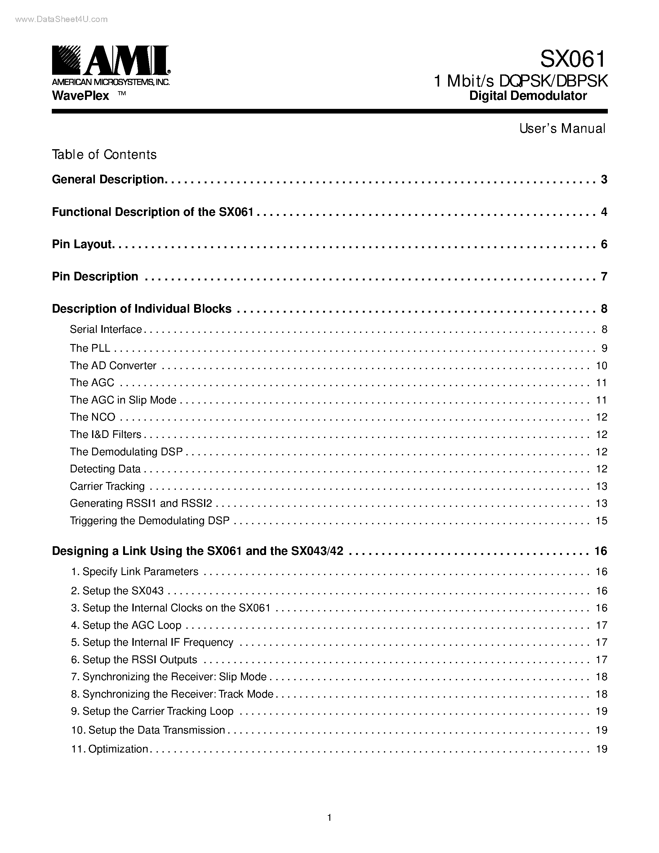 Datasheet SX061 - 1 Mbit/s DQPSK/DBPSK Digital Demodulator page 1