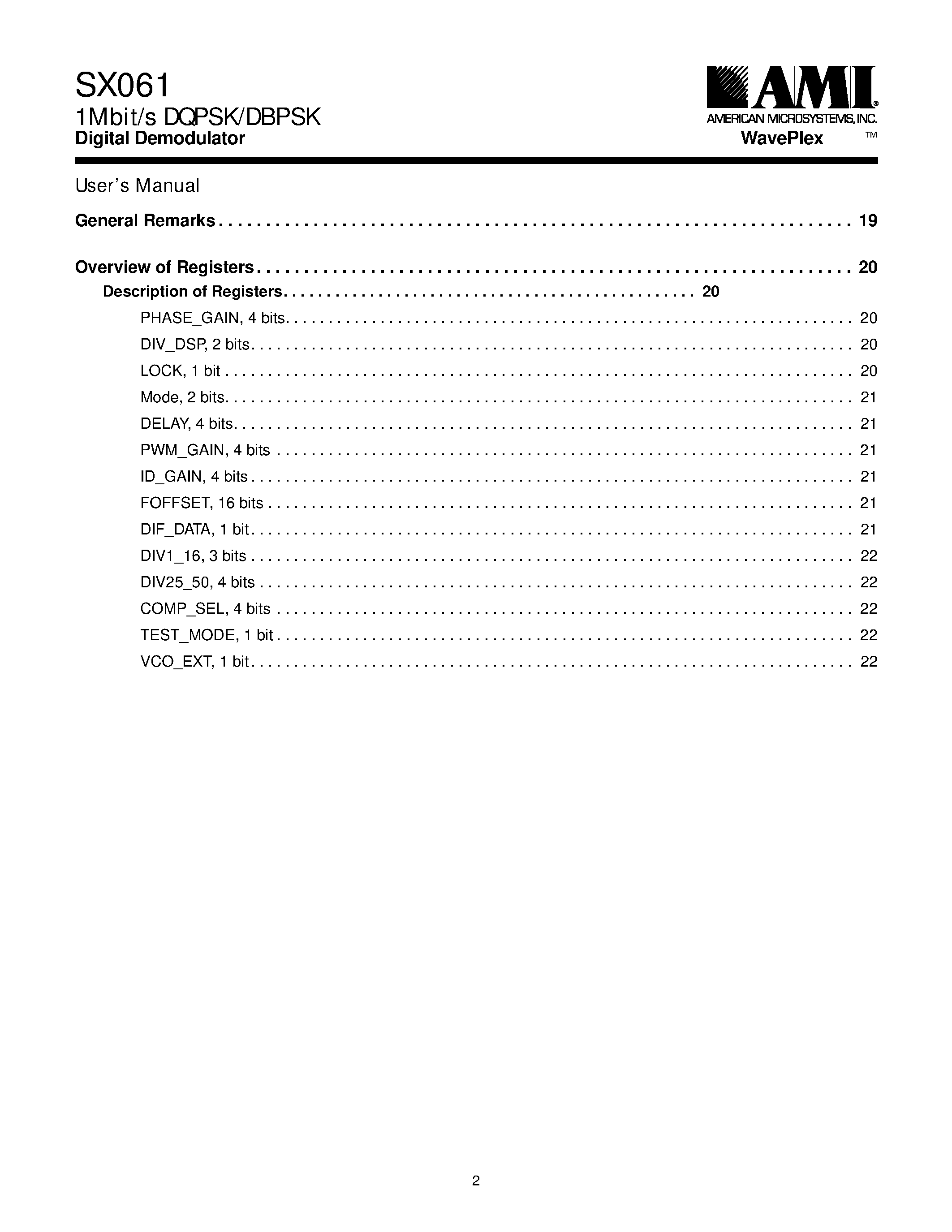 Datasheet SX061 - 1 Mbit/s DQPSK/DBPSK Digital Demodulator page 2