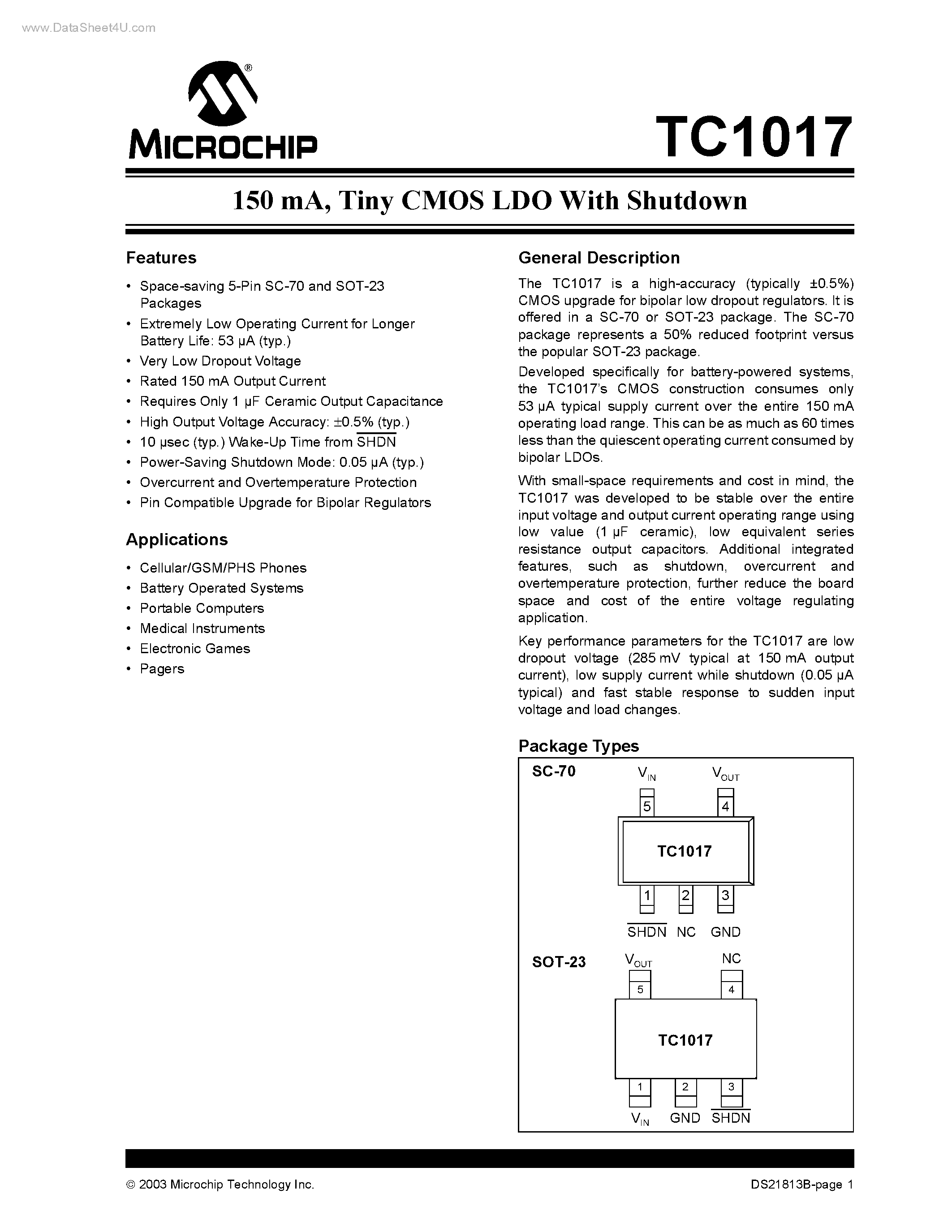 Datasheet TC1017 - Tiny CMOS LDO page 1