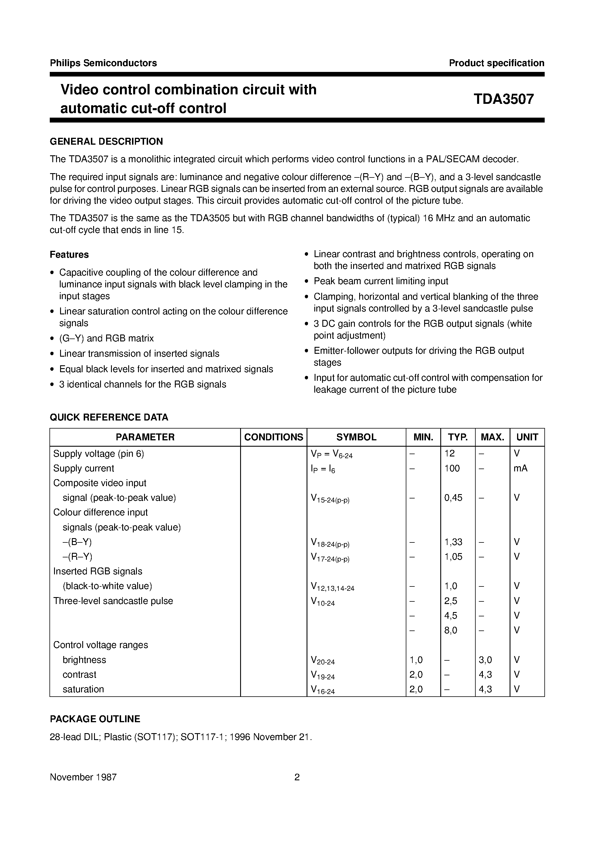 Datasheet TDA3507 page 2 Datasheet TDA3507 - Video control combination circuit page 2